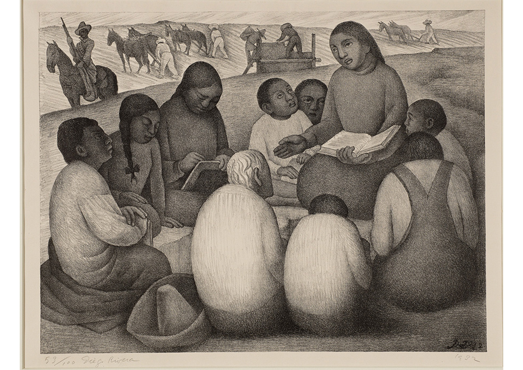 group of children sitting in a circle, looking at a woman carrying a book. in the background, men in uniforms riding horses up a small hill. 