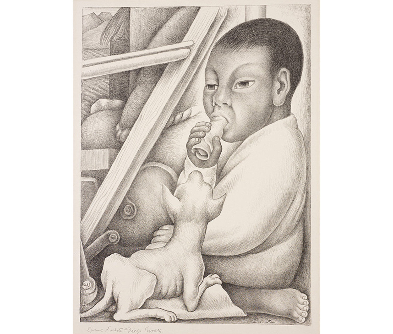 boy sitting on the ground, holding food to his mouth, with a small dog sitting on his lap