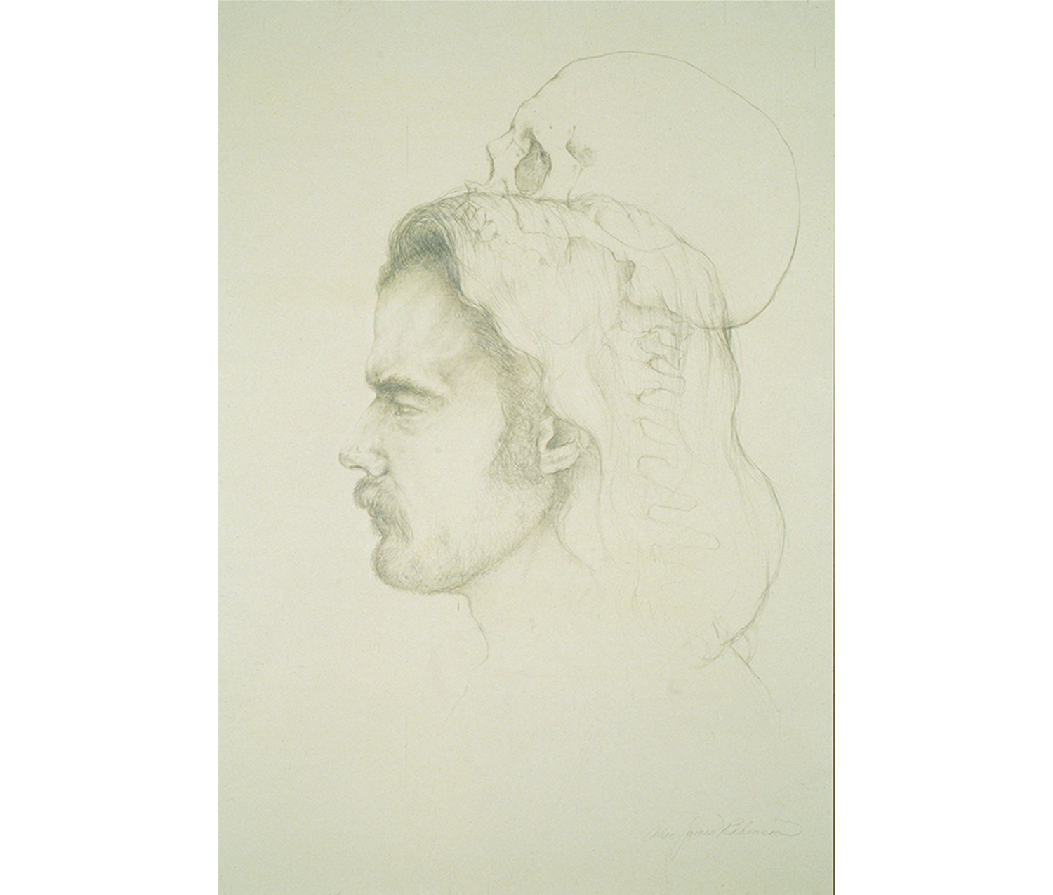 profile of a man with beard and long hair, sketch of a skull on top of his head