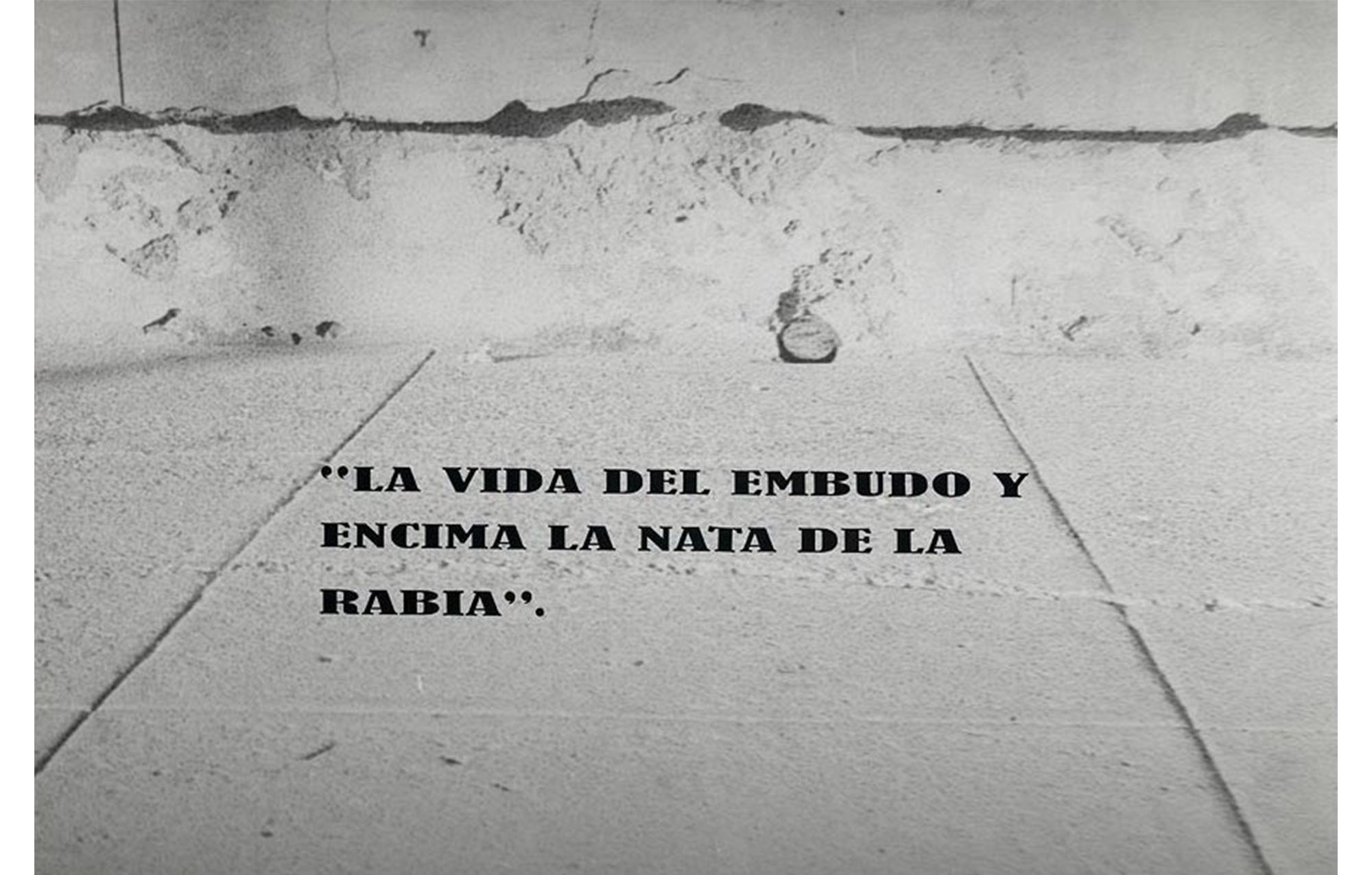 concrete wall with applied text: "LA VIDA DEL EMBUDO Y / ENCIMA LA NATA DE LA / BARIA".