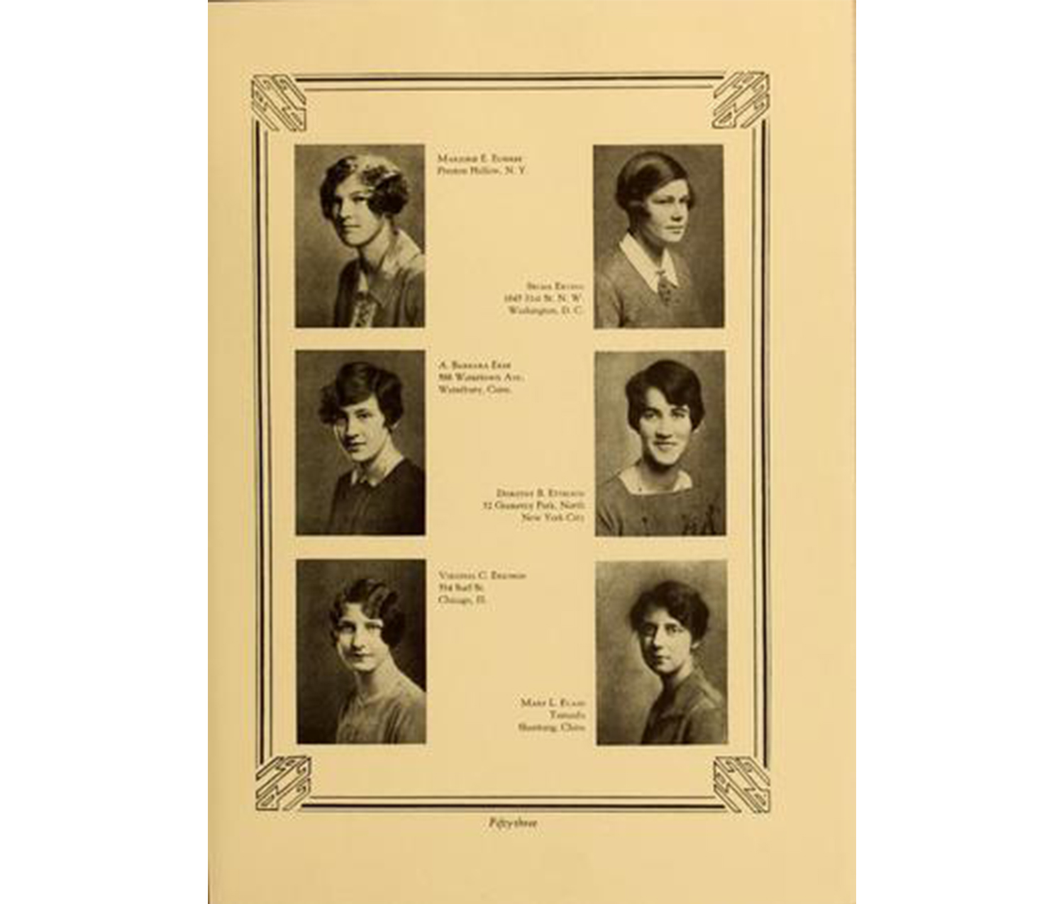 yearbook page showing bust portraits of six women