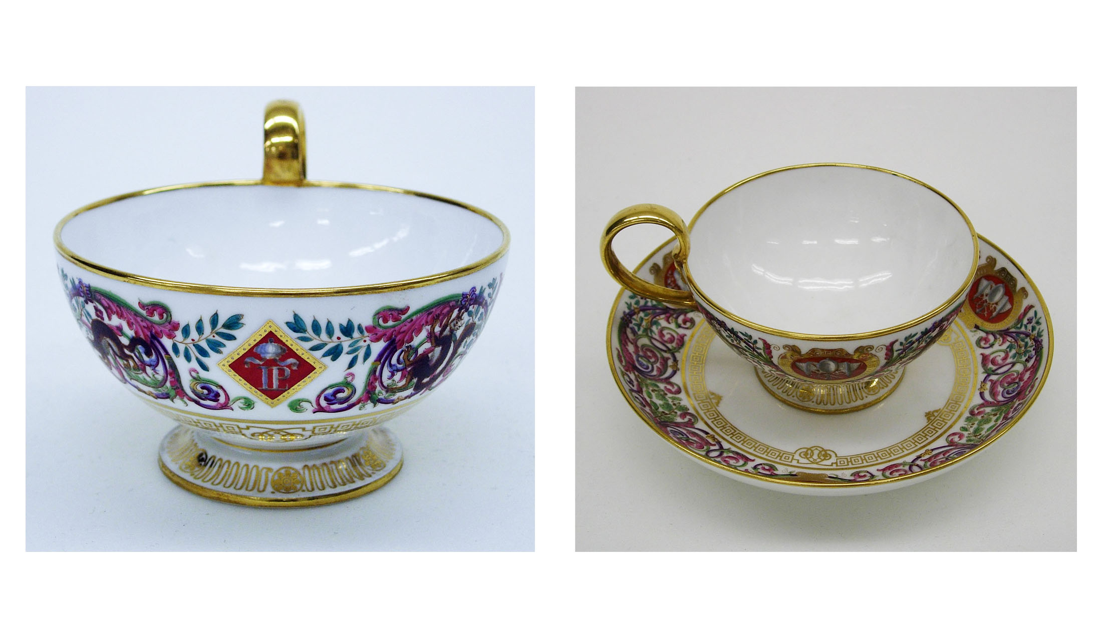 on the left, a white porcelain teacup with gold rims and floral designs; on the right, the same teacup on top of a saucer with the same pattern