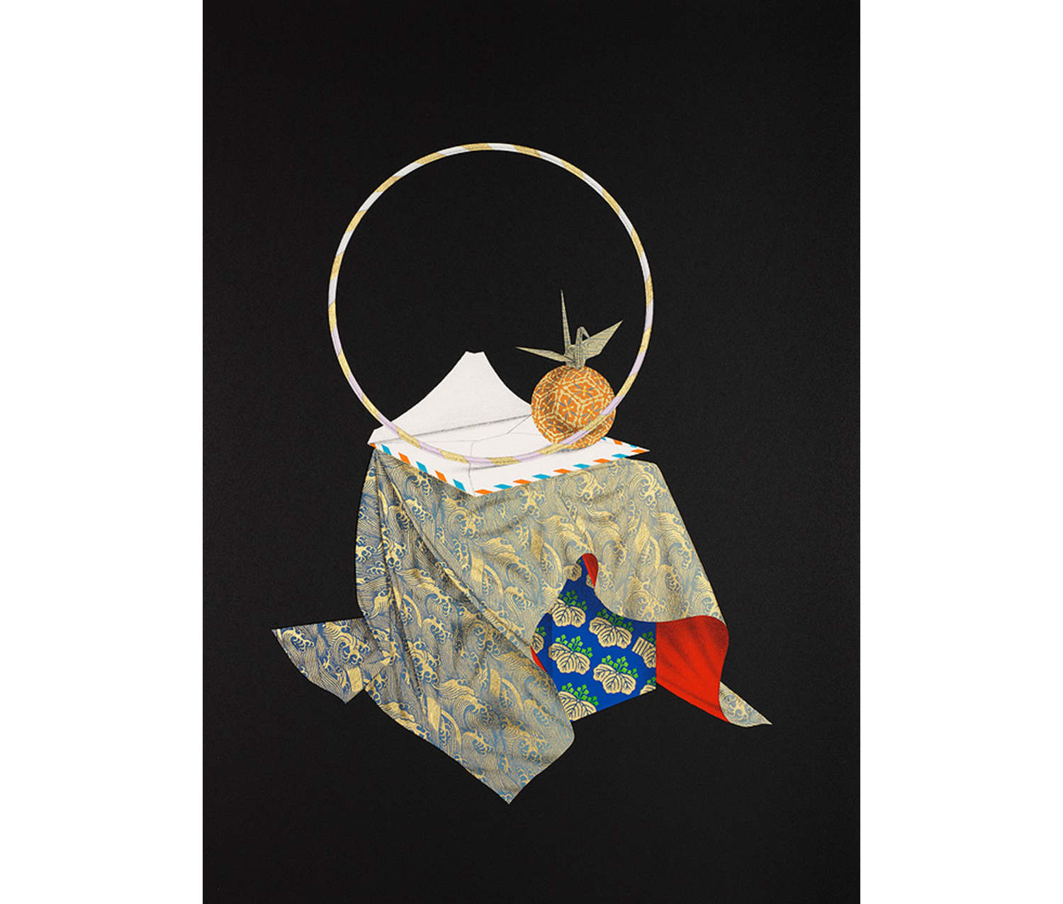 black background with floating gold and blue wave patterned cloth over a blue with gold and green leaf patterned box, a white open airmail envelope on top holding a white an gold hoop and a folded heron on a gold, blue and orange patterned ball