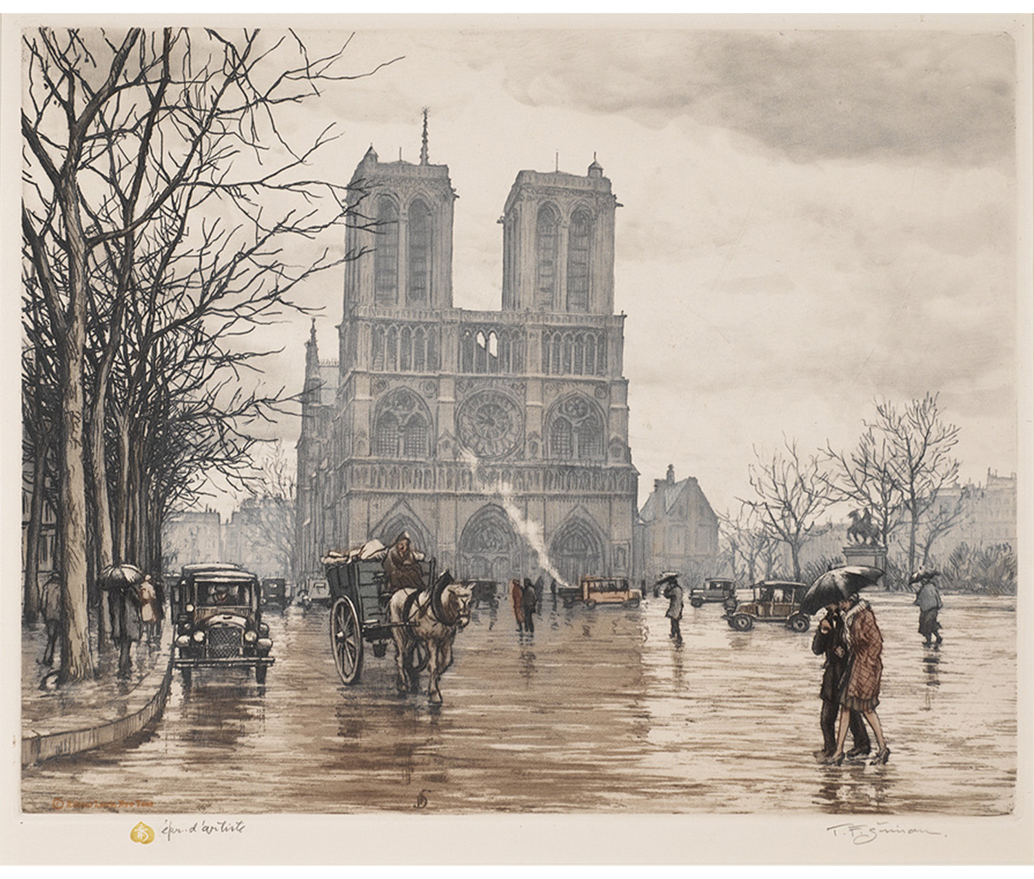 cobbled street on a rainy day; view of the Cathedral of Notre Dame in Paris. horse-drawn carriages, pedestrians, and cars line the street