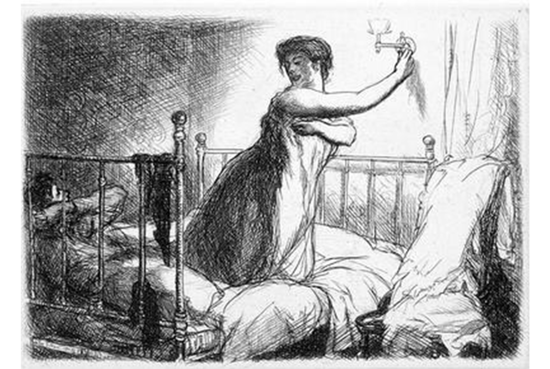 woman kneels on a bed, reaching up and behind her to turn out the light