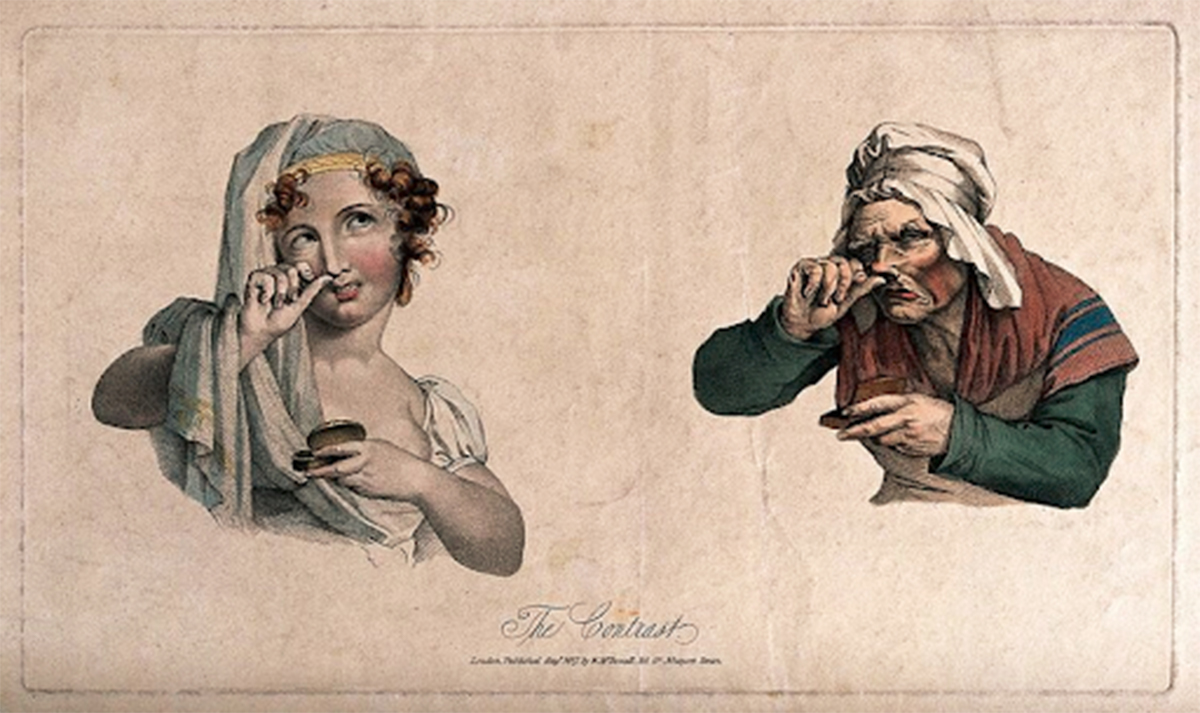 a young woman on the left with one hand to her nose and the other holding a snuff box; an old woman on the right with one hand to her nose and the other holding a snuff box