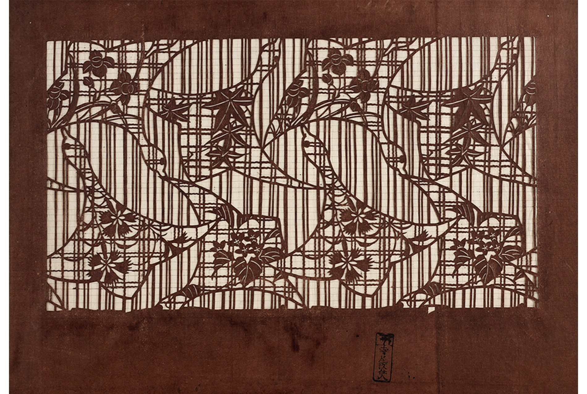 eight birds decorated with bamboo or flowers flying against a stripped background.