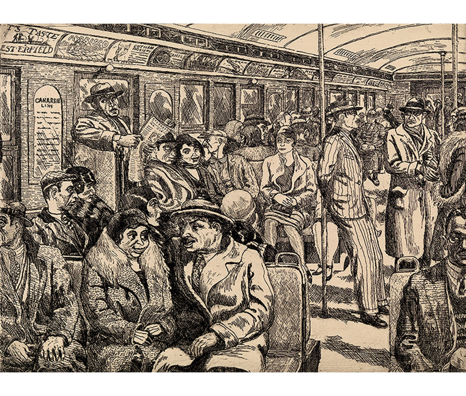 A scene in a subway car. A couple chats in the foreground. The car is packed, and everyone else is looking around in all directions. A couple of shady-looking men look askance.