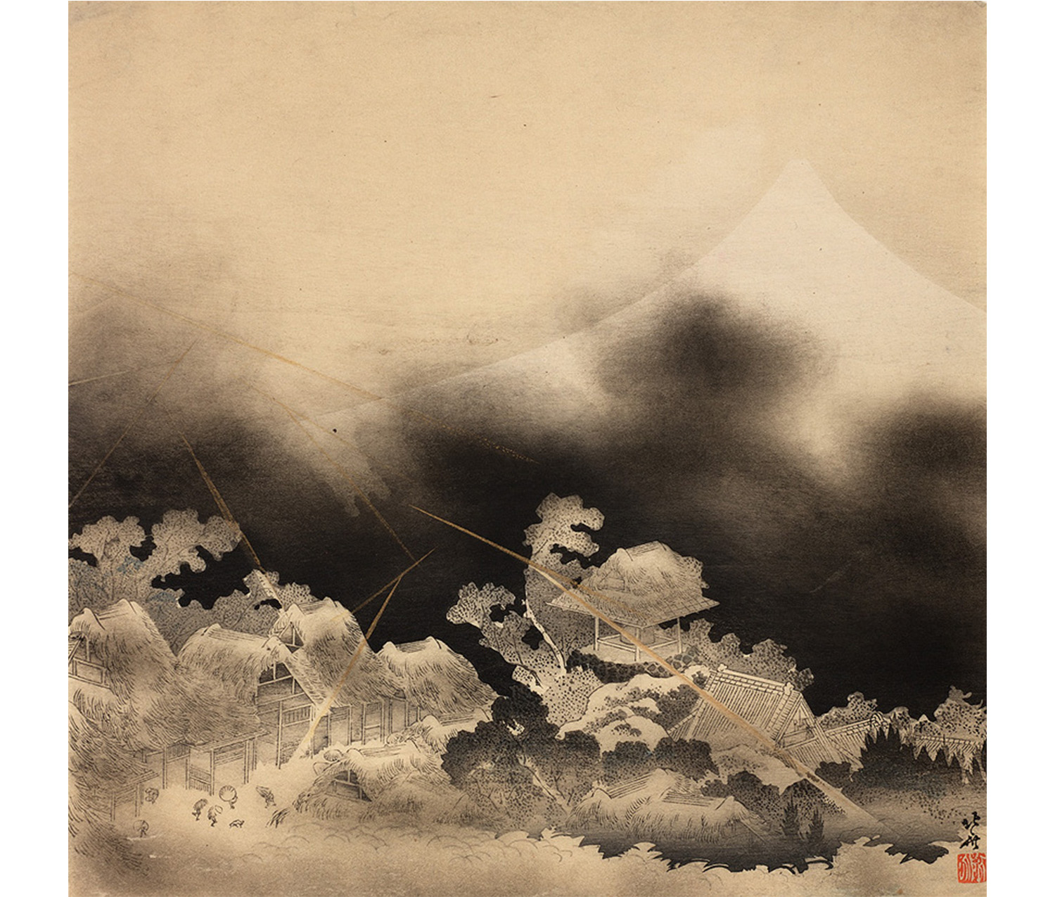 dark stormy scene with lightning, figures at lower left running for shelter of buildings, white Mount Fuji in background