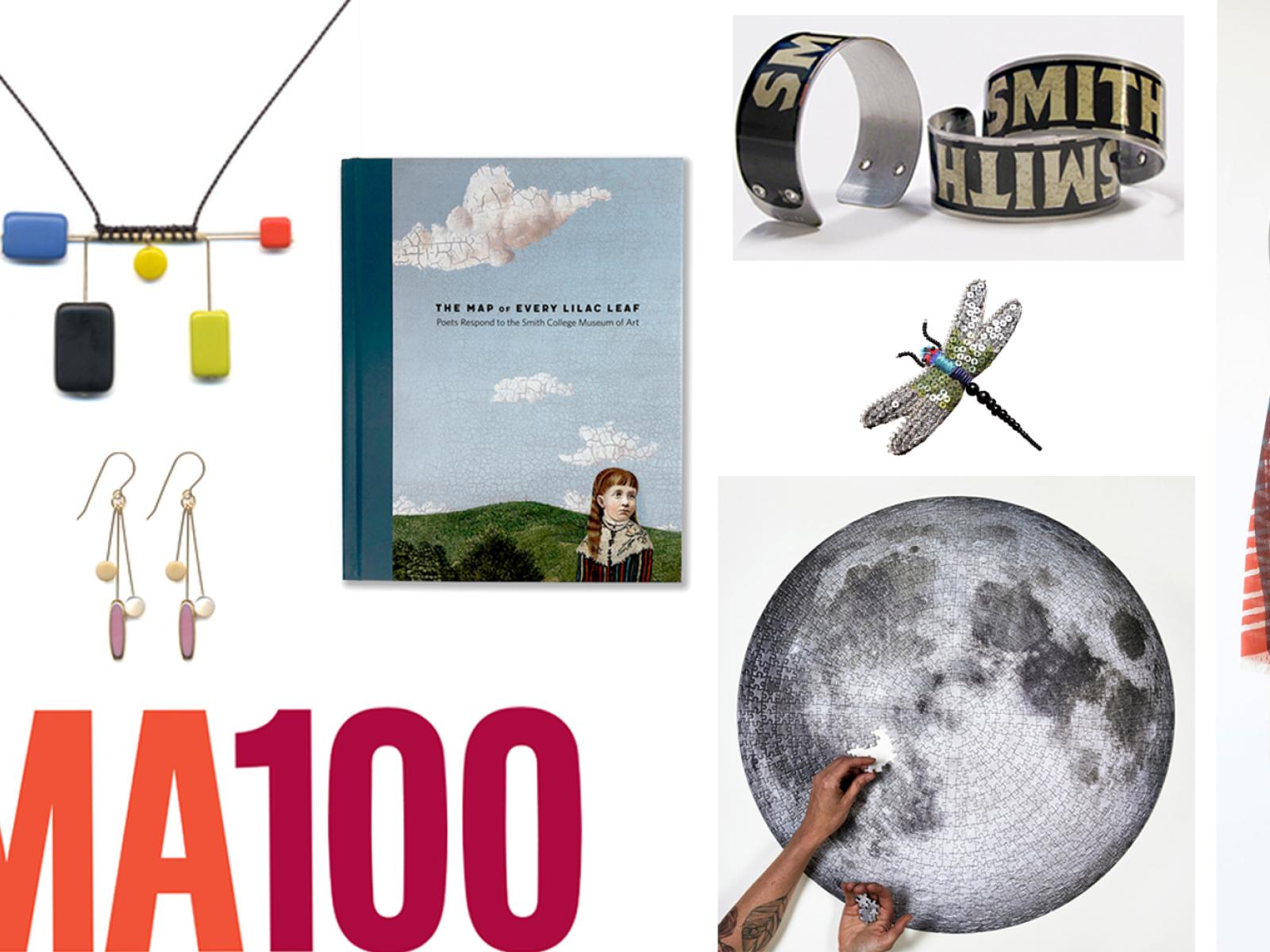 SCMA100 logo with shop products for sale including a necklace, a vase, a book and a puzzle of the world and scarves