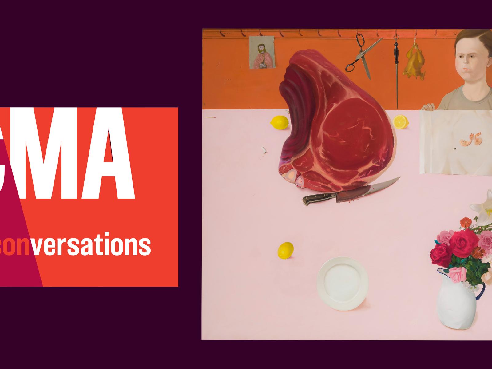Poster that says SCMA conversations next to painting of a young girl at a pink table with a large piece of meat.