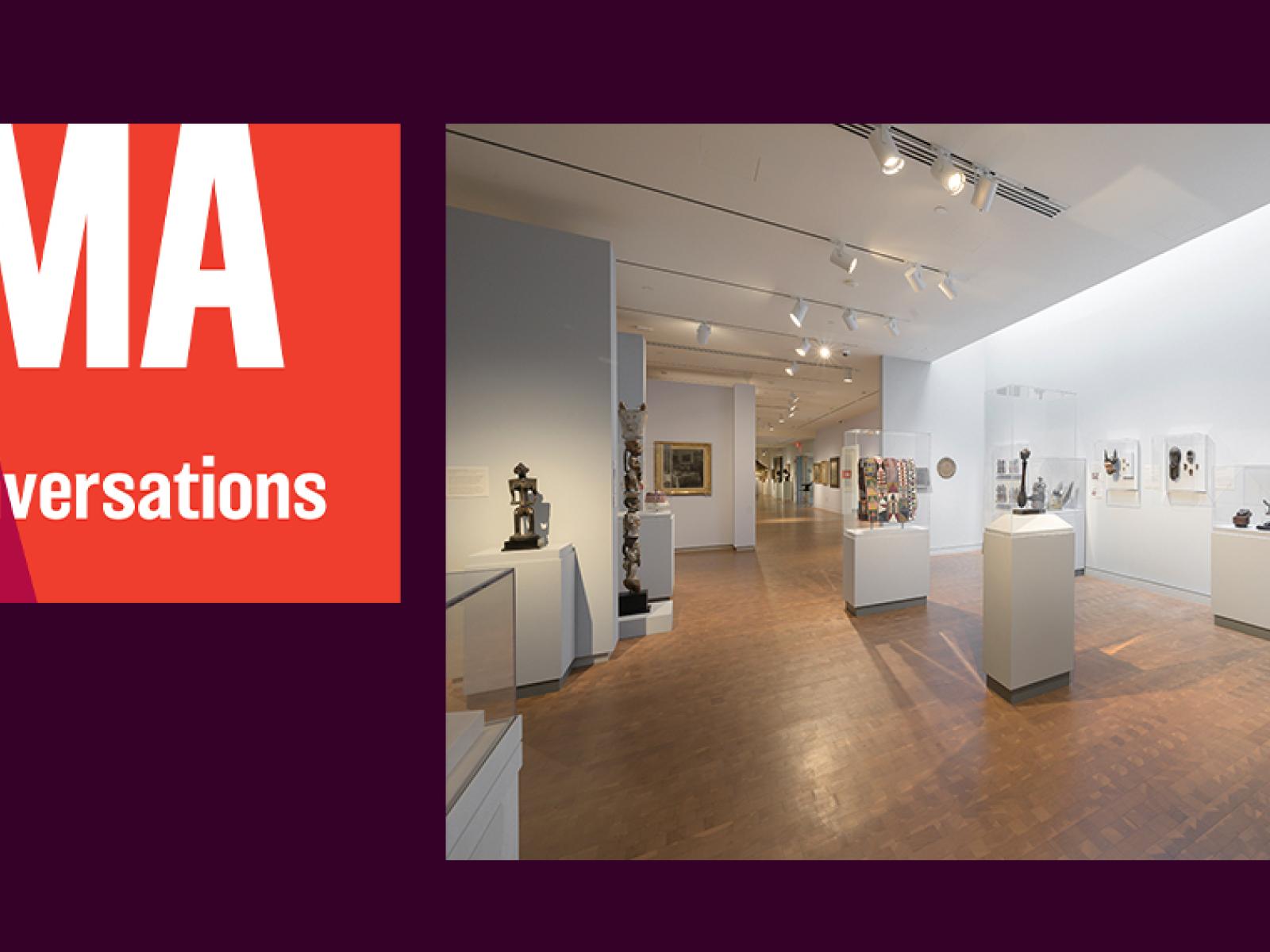 Image of the "SCMA conversations" logo on the right and an image of the African art gallery on the left.
