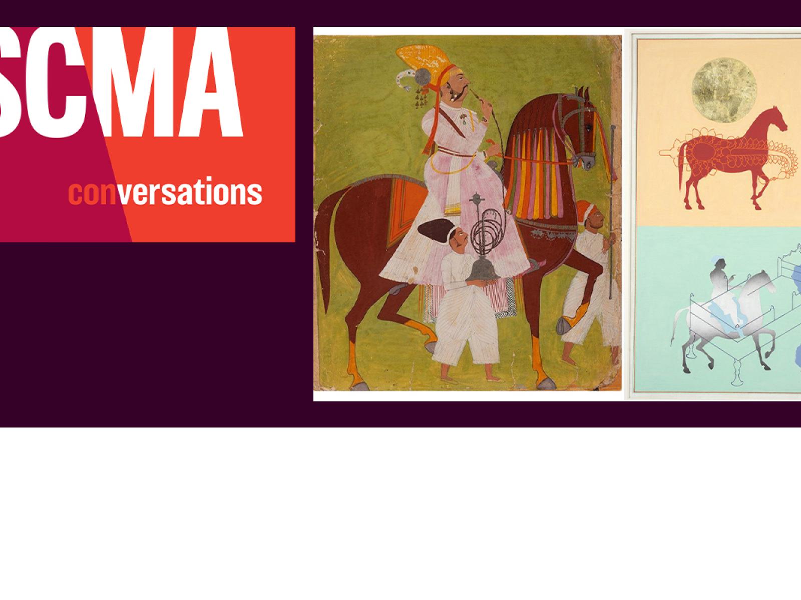 SCMA Conversation text logo to the left of and image of a man riding a horse next to two abstract artworks of horse riding.