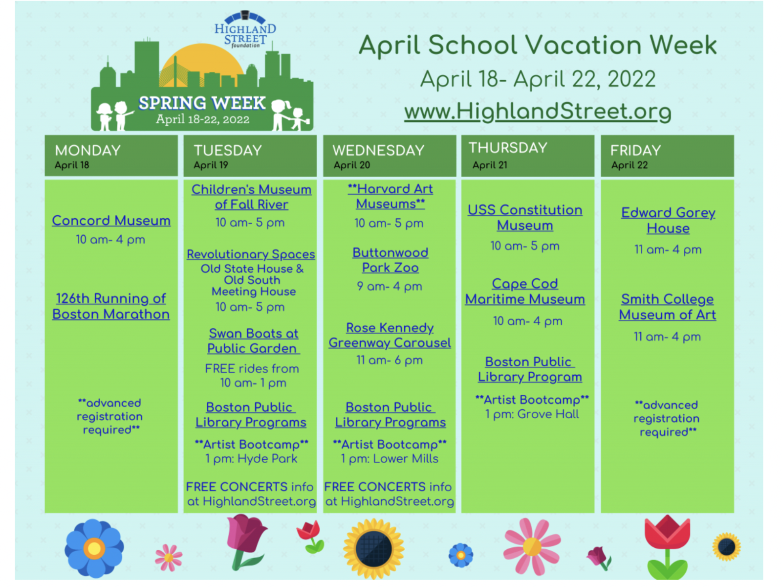 Highland Street foundation screenshot of calendar of events for Spring Week 2022