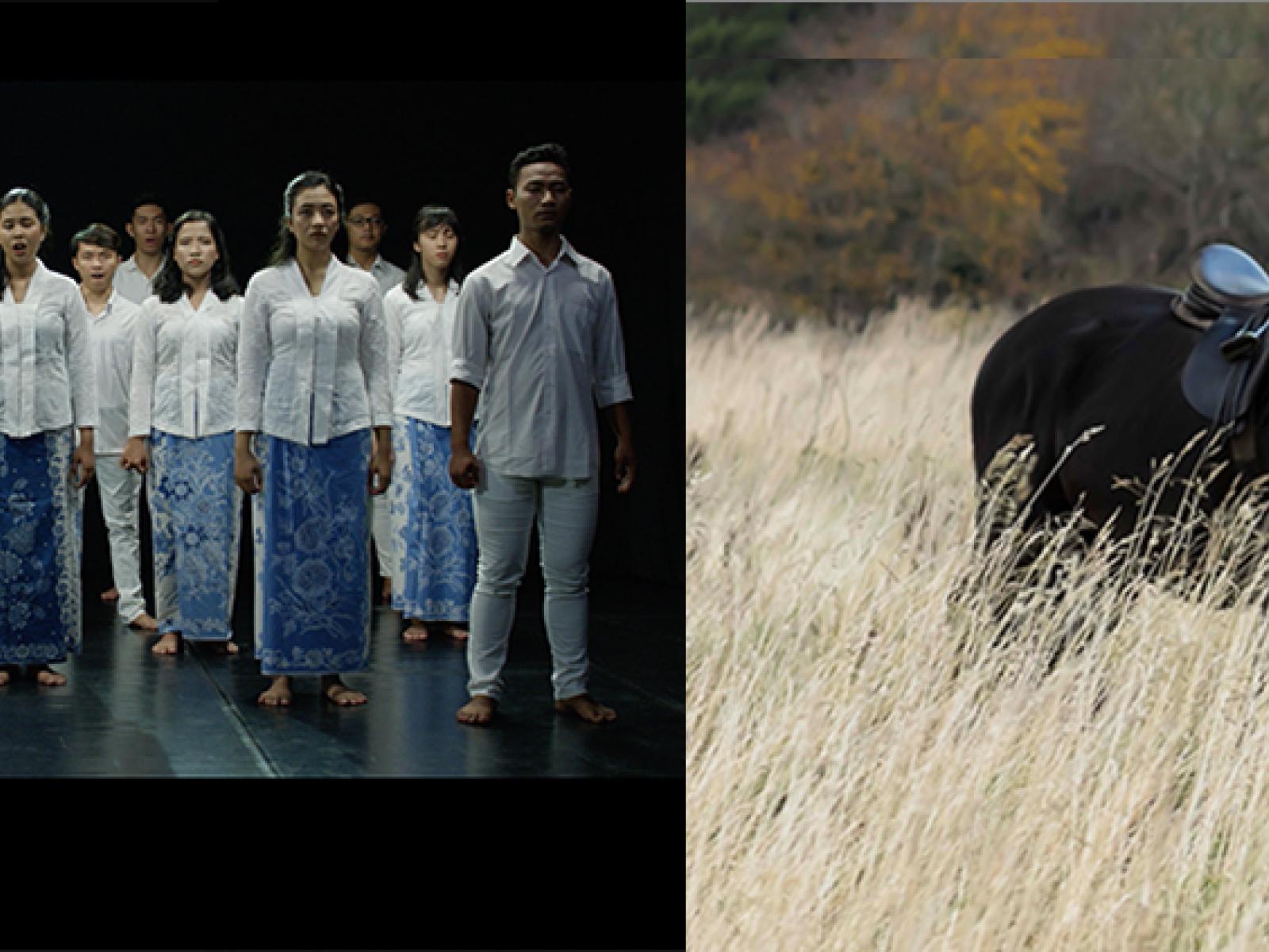 Two images next to each other. On left, line of people facing front from a still of NAMA; On bottom, image of actor portraying Frederick Douglass walking in tall grass with a horse.