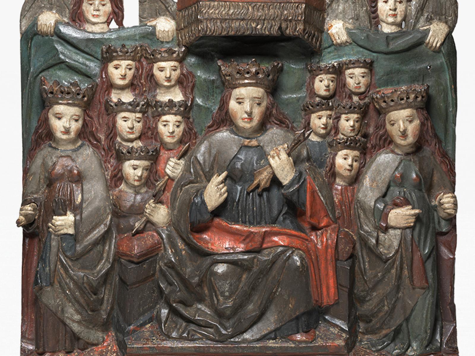 Painted wood sculpture detail of Saint Ursula and the Virgin Martyrs 