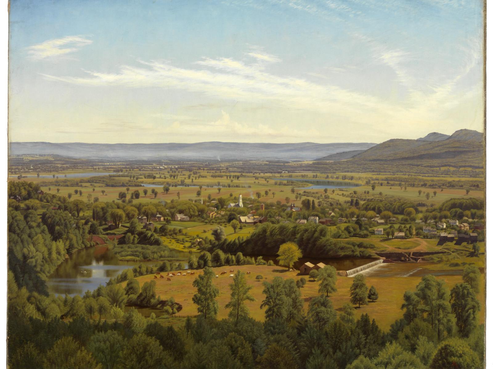 Detail of a painting by Charles Farrer of the Oxbow River with trees and hills