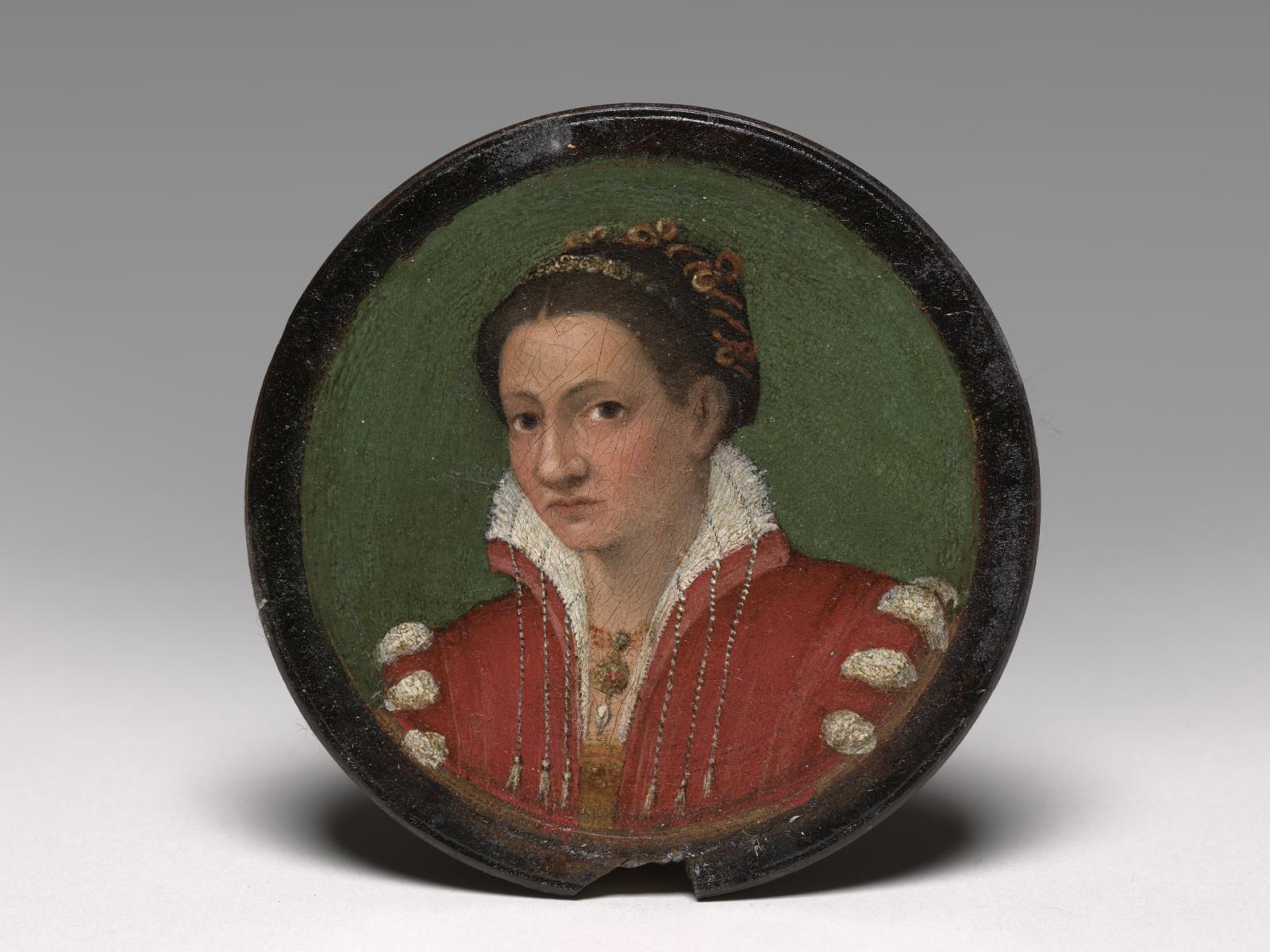 Portrait of a woman in a circular framed panel with dark hair in a bun and a red dress with ivory colored collar