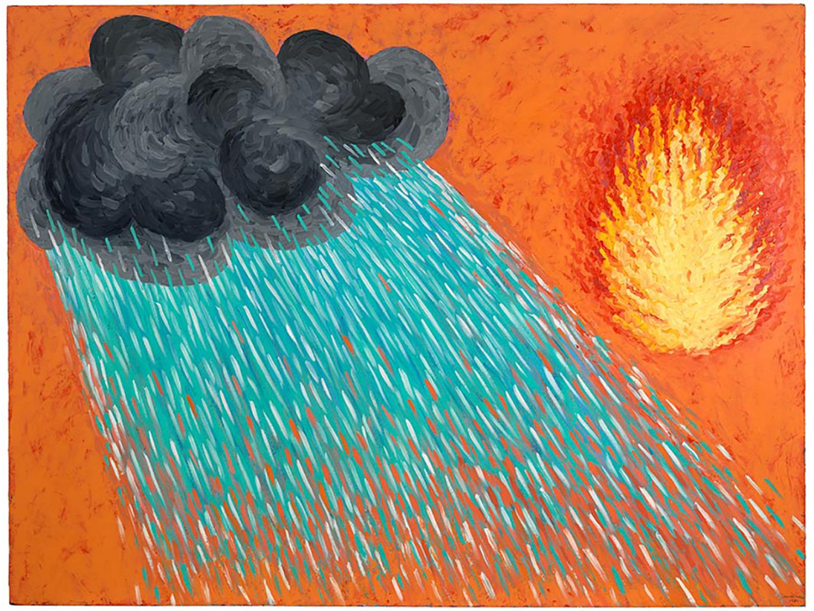 bright background with orange flamed fire at right and curving grey cloud with falling rain on left