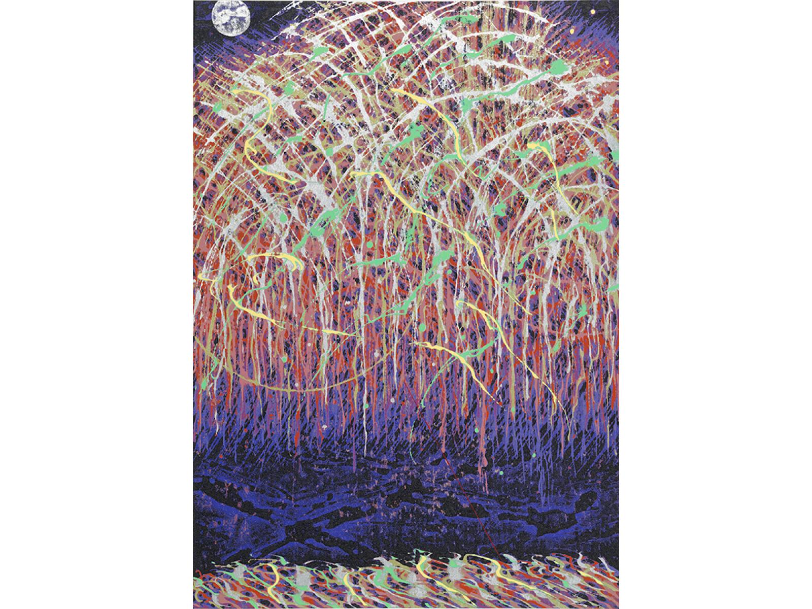 Colorful vertical print of what looks like abstract interpretation of fireworks