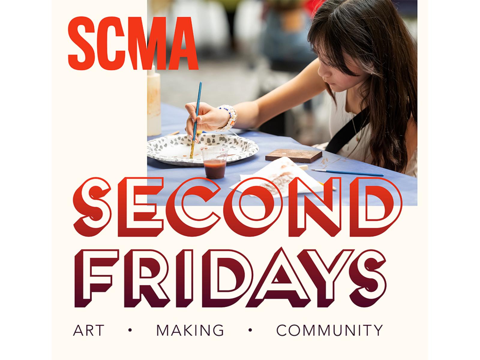 Young participant mixing watercolors on a table using a disposable plate to use on a painting she is making. Plus text that reads; SCMA, Second Fridays, Art, Making, Community