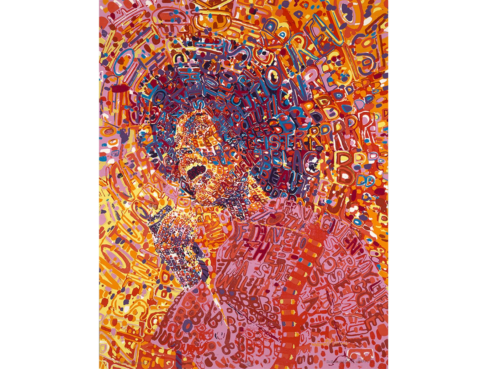 Bust length portrait of a figure facing left holding an object in their proper left hand near their open mouth. Figure has short curly hair and is composed of words and letters printed in pink, marroon, orange, yellow, red, blue and black.