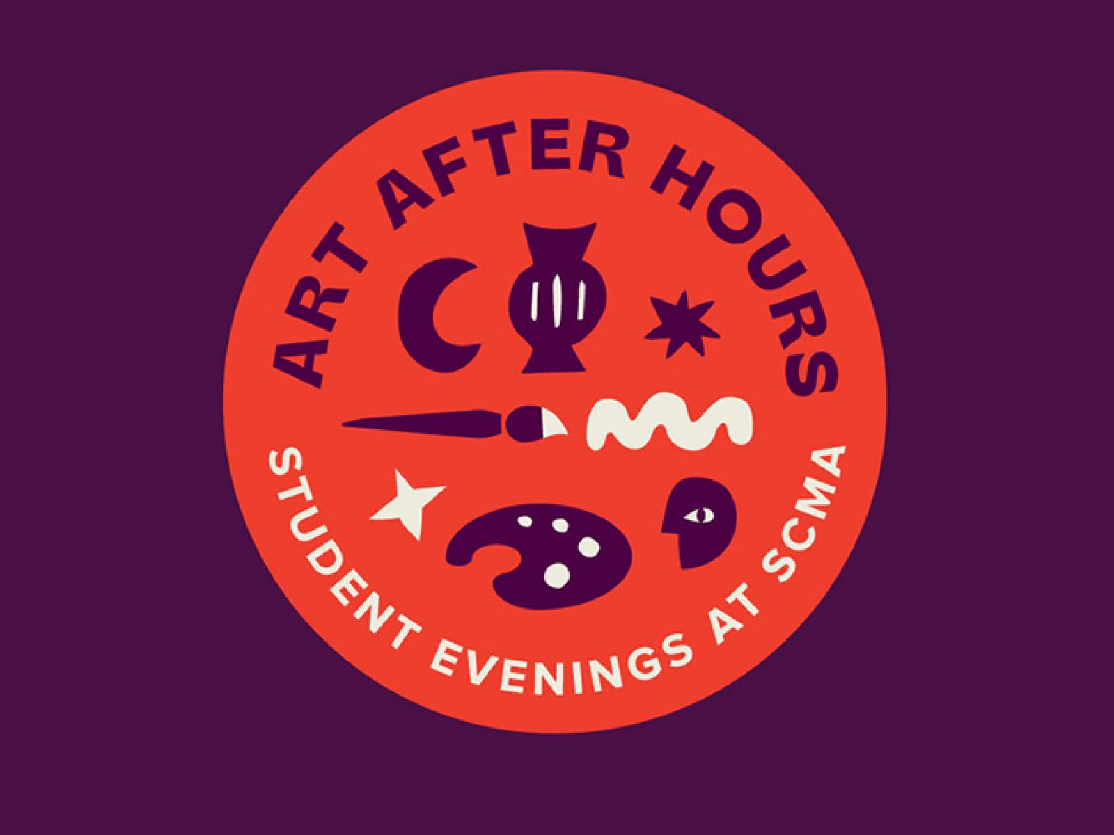 Red Circle logo with text that reads "Art After Hours, Student Evenings at SCMA"
