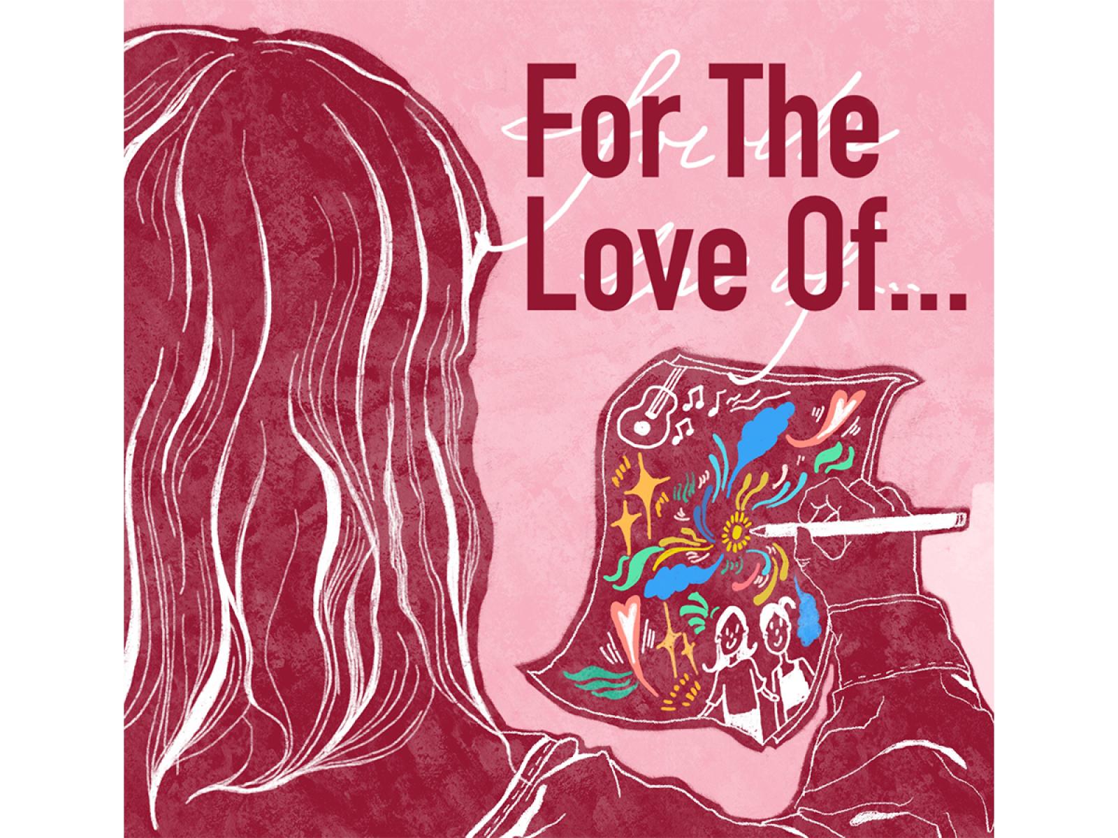 Graphic of the back of the head of a person with long hair making art
