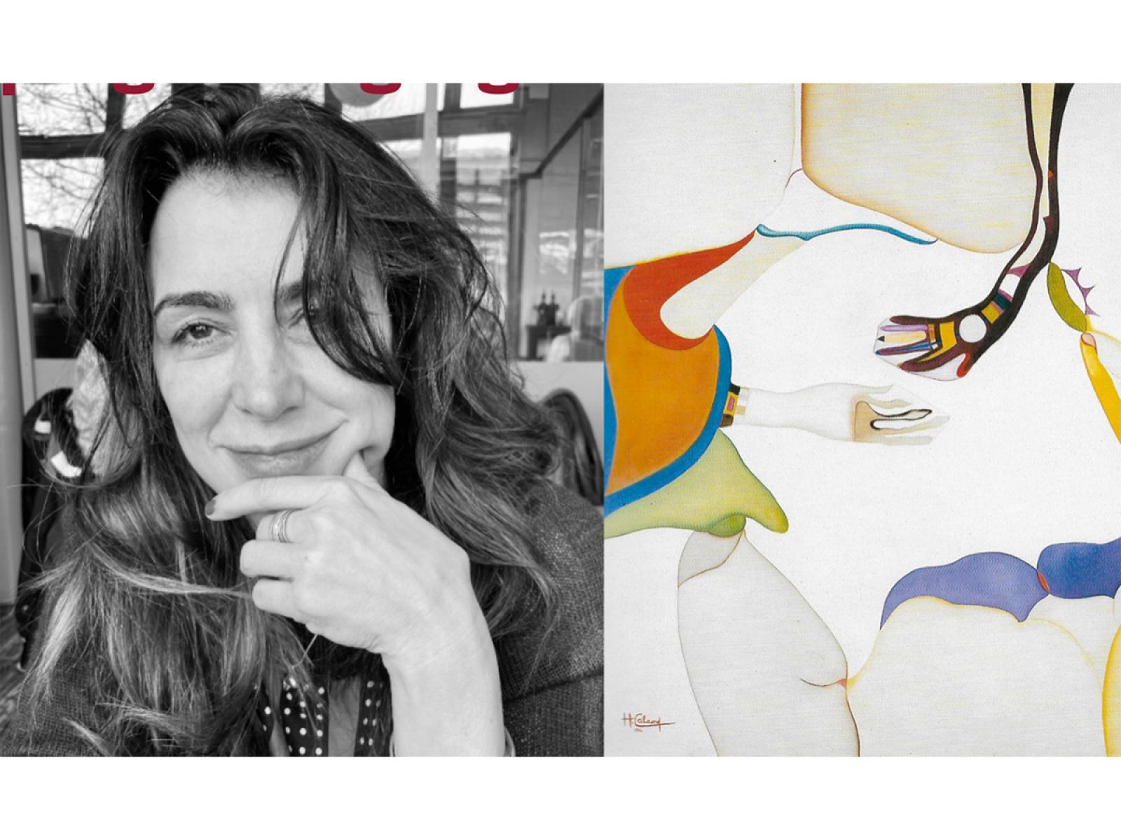 On Left is a photo of person with long hair leaning on a table with their hand under chin. On right an abstract painting with thin hand-like shapes meeting in middle of linear shapes along edge