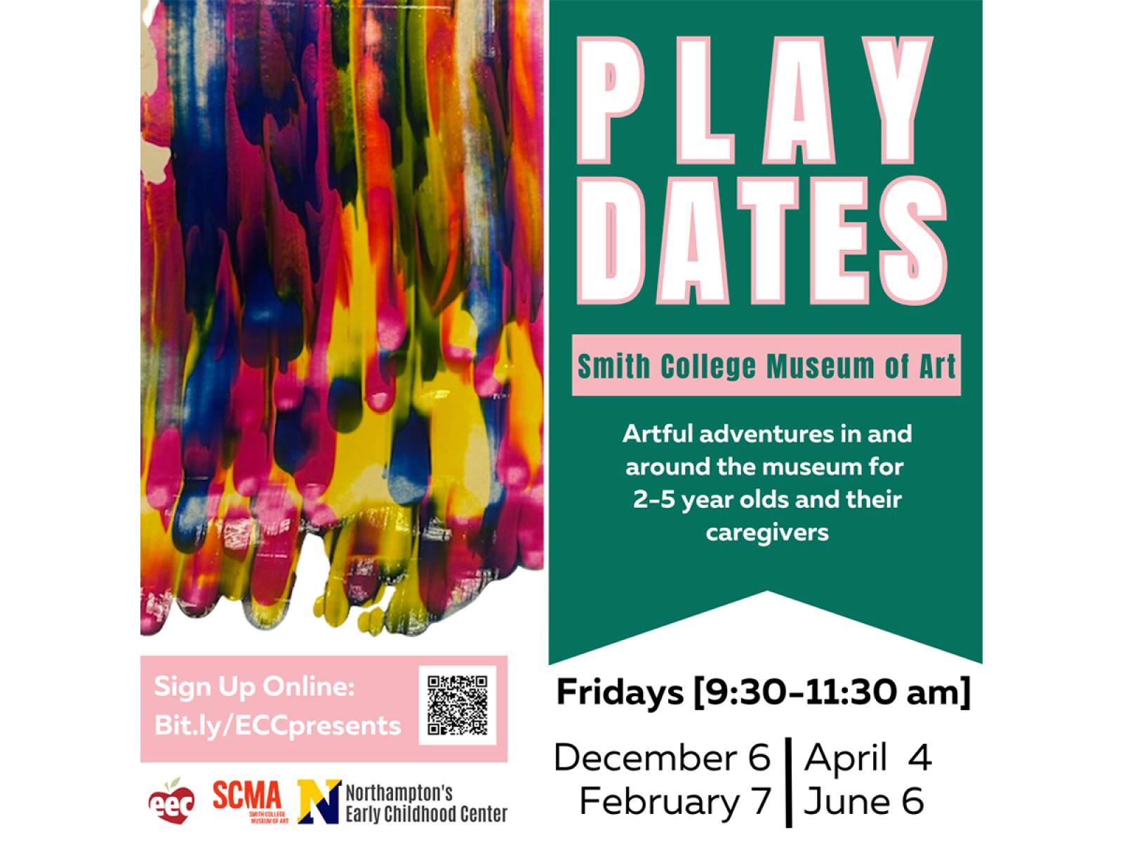 Image of dripping paint on left of image and Playdates information text on the right