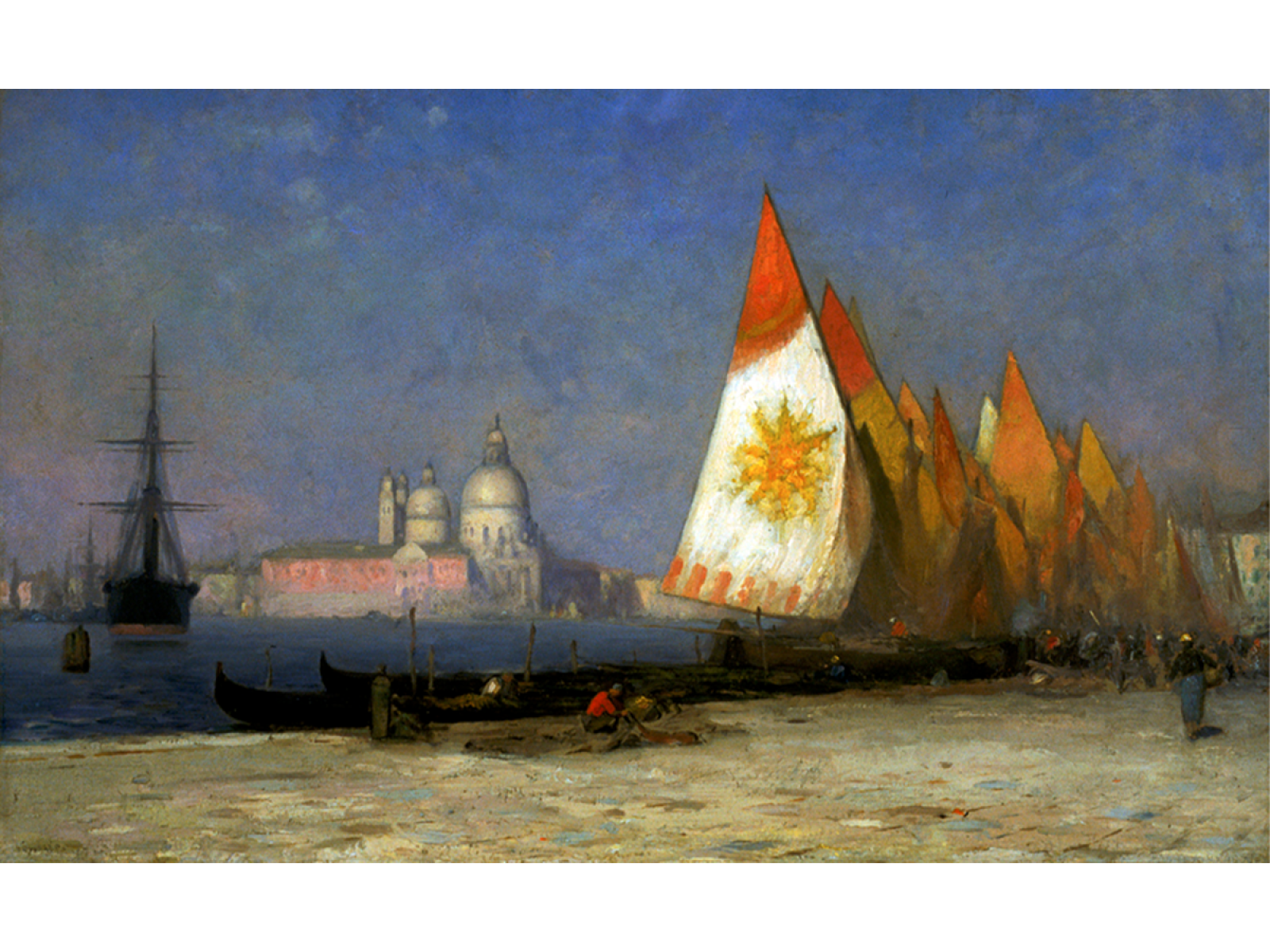 Painting of sailboats in a harbor with domed buildings in the background