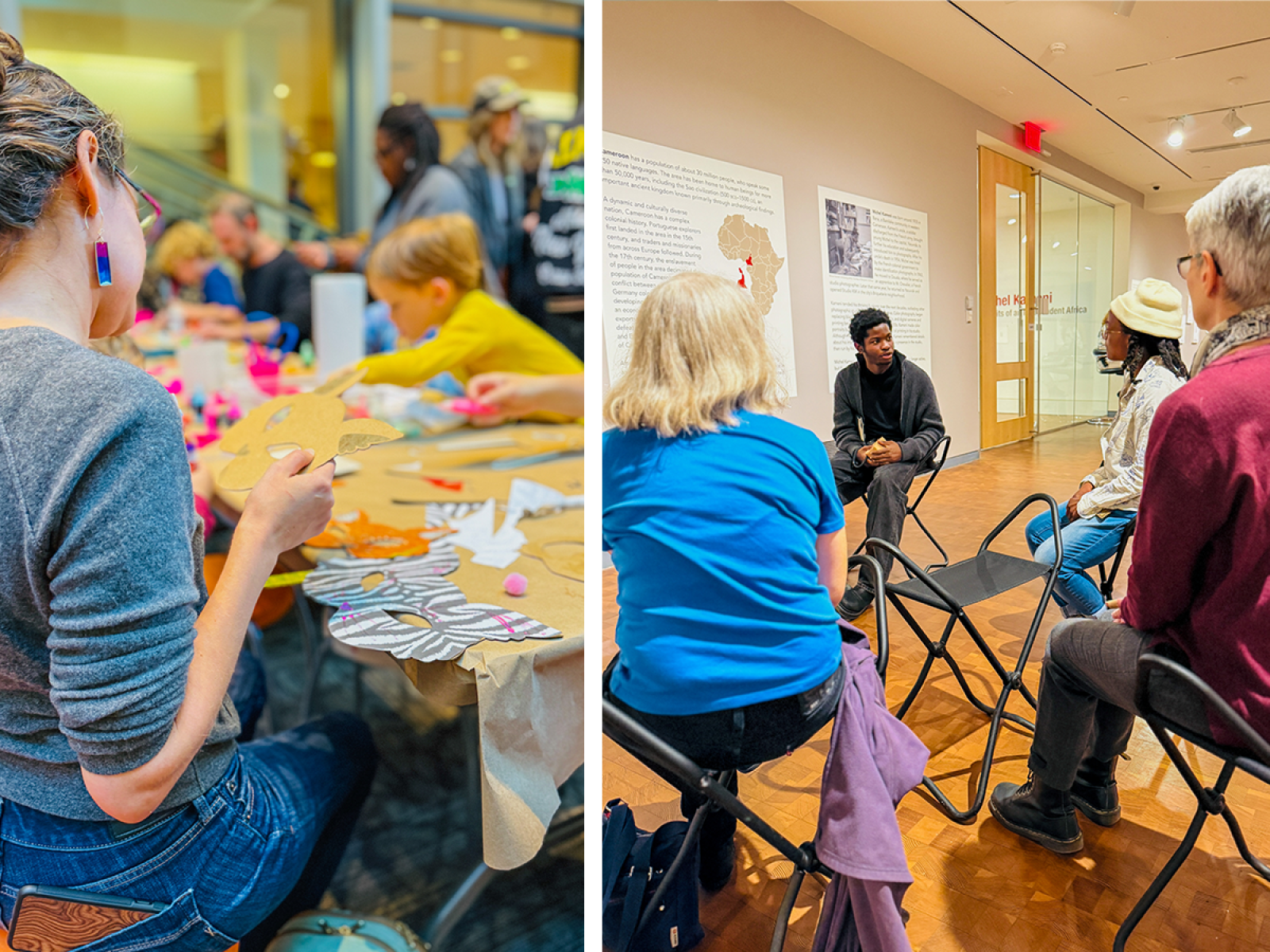 Two photos: Left, people of all ages making art: right is 4 people sitting in a circle within a gallery