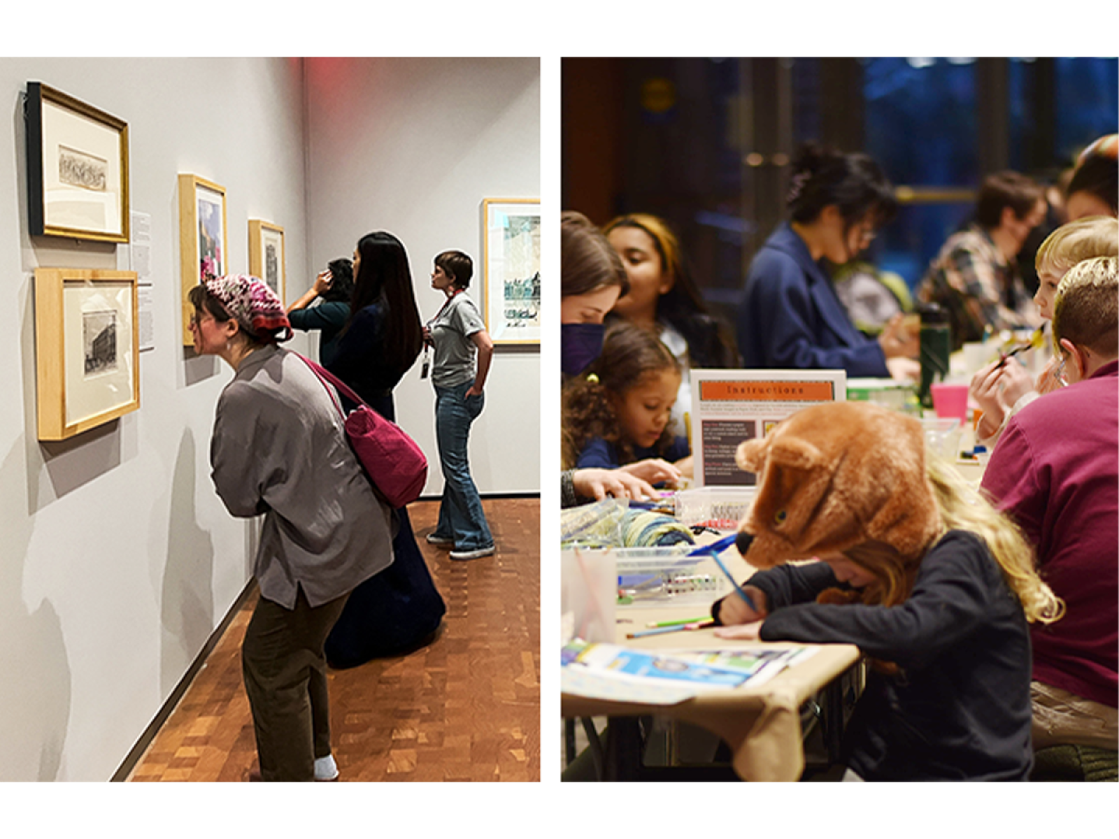 Two images, one on left of  4 people looking at art in a gallery. Right image of a group of people of all ages sitting and standing around a table and making art