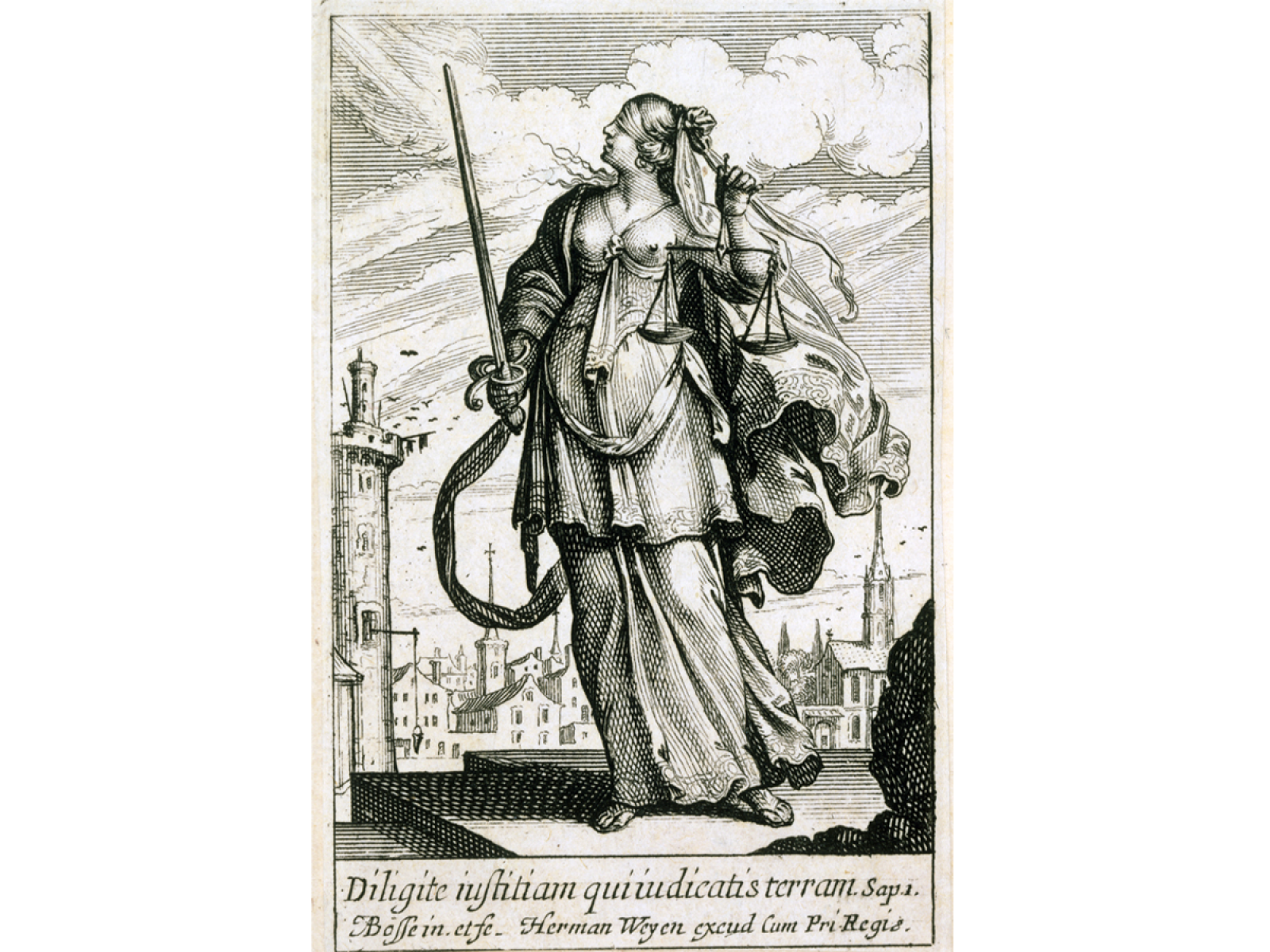 etching illustration of a woman in flowing clothes holding a sword in one hand a a scale in another with a city in the background