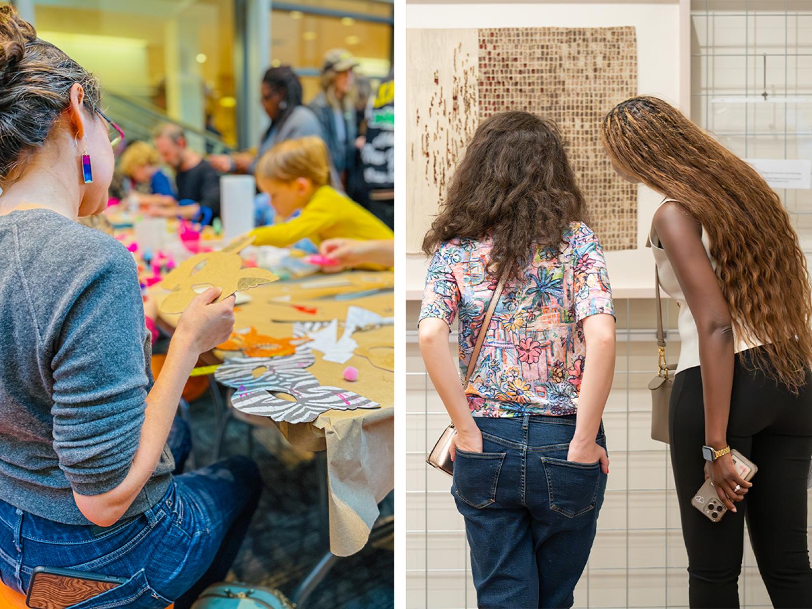 Left image of 5 or so people sitting at a table making art, right image of two people looking closely at an artwork hanging on a wall