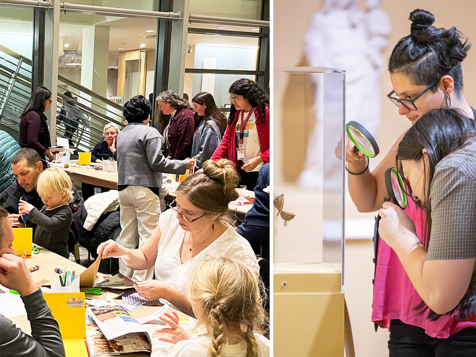 Two photos: on the left is a room of adults and children making art at a table,: on the right are two people looking at a small object with magnifying glasses