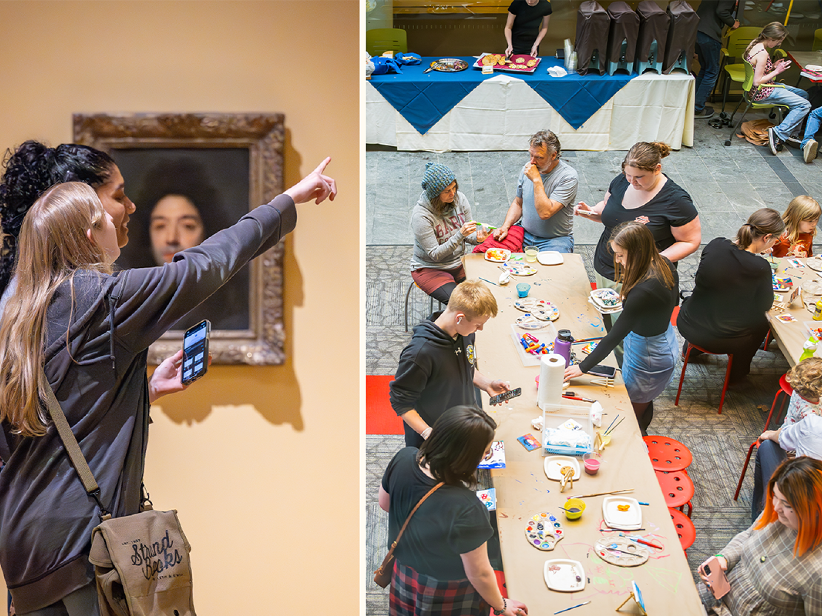 Two photos, one on left has two adults  looking at art in a gallery and the one on right is birds eye view of 14 people of all ages sitting at tables making art and eating