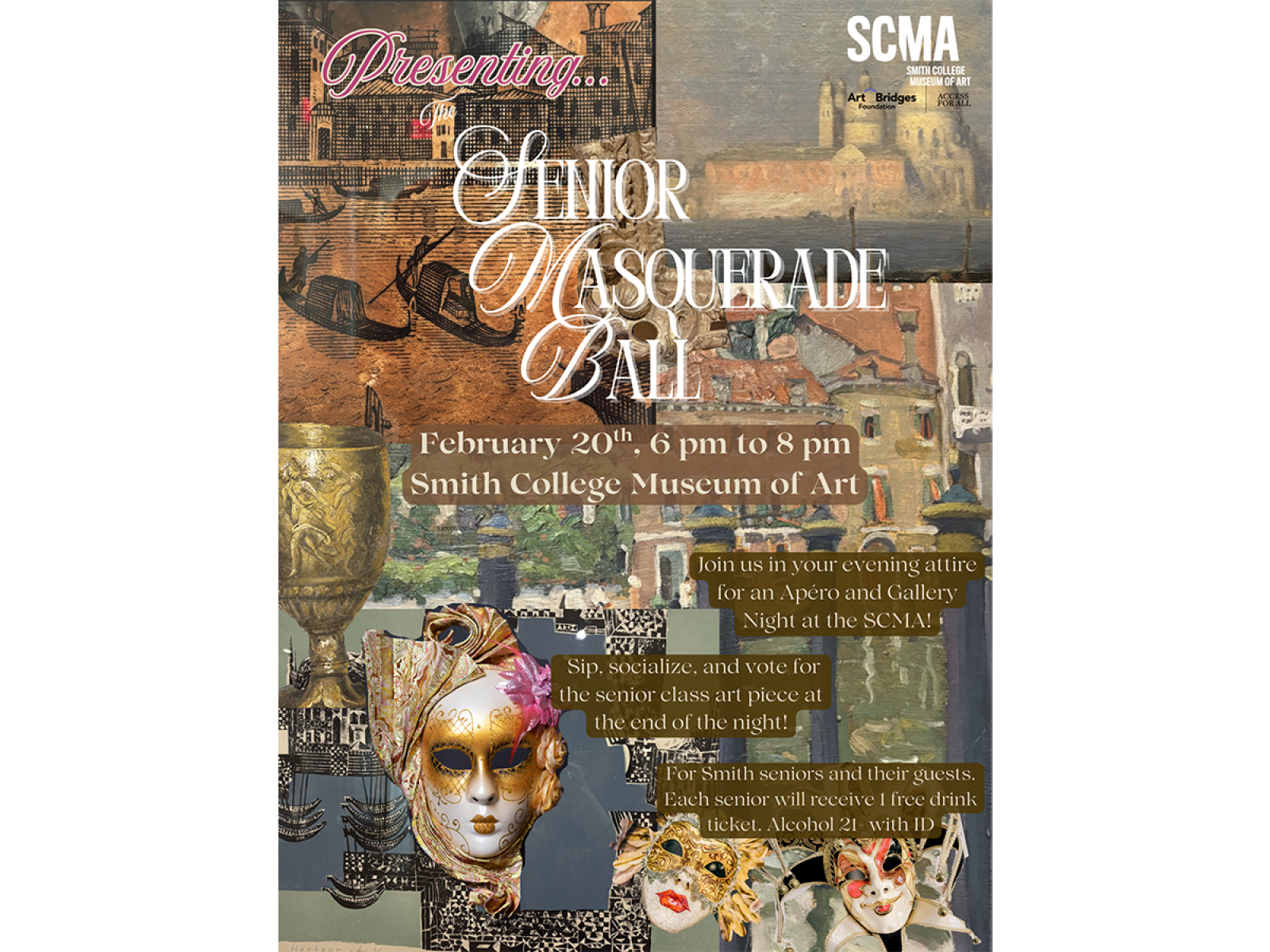 A mix of imagery featuring artworks collaged together, and ornate masquerade masks. The text on top describes an upcoming event.