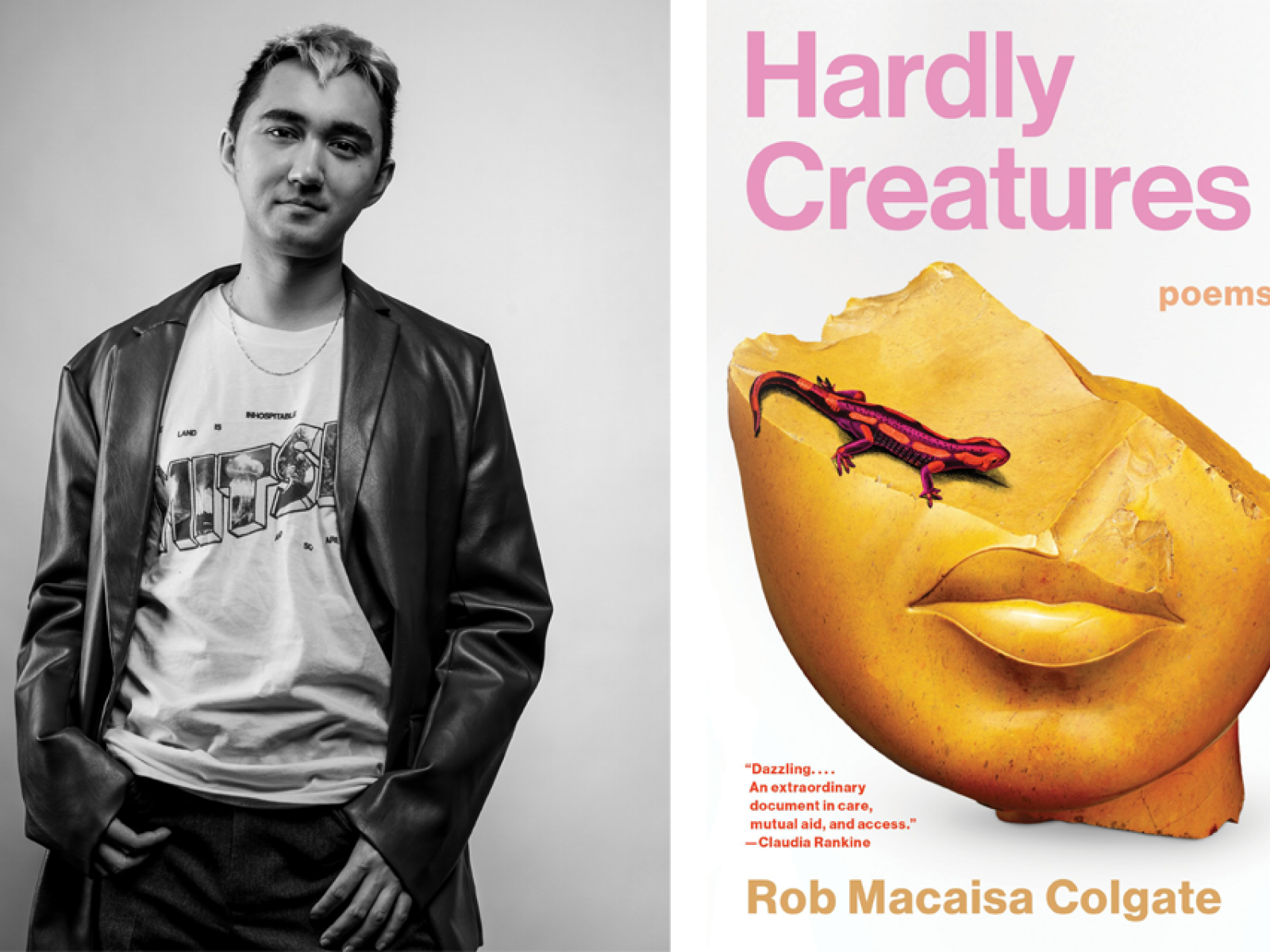 black and white portrait of a person, Rob Macaisa Colgate and a book cover of Hardly Creatures