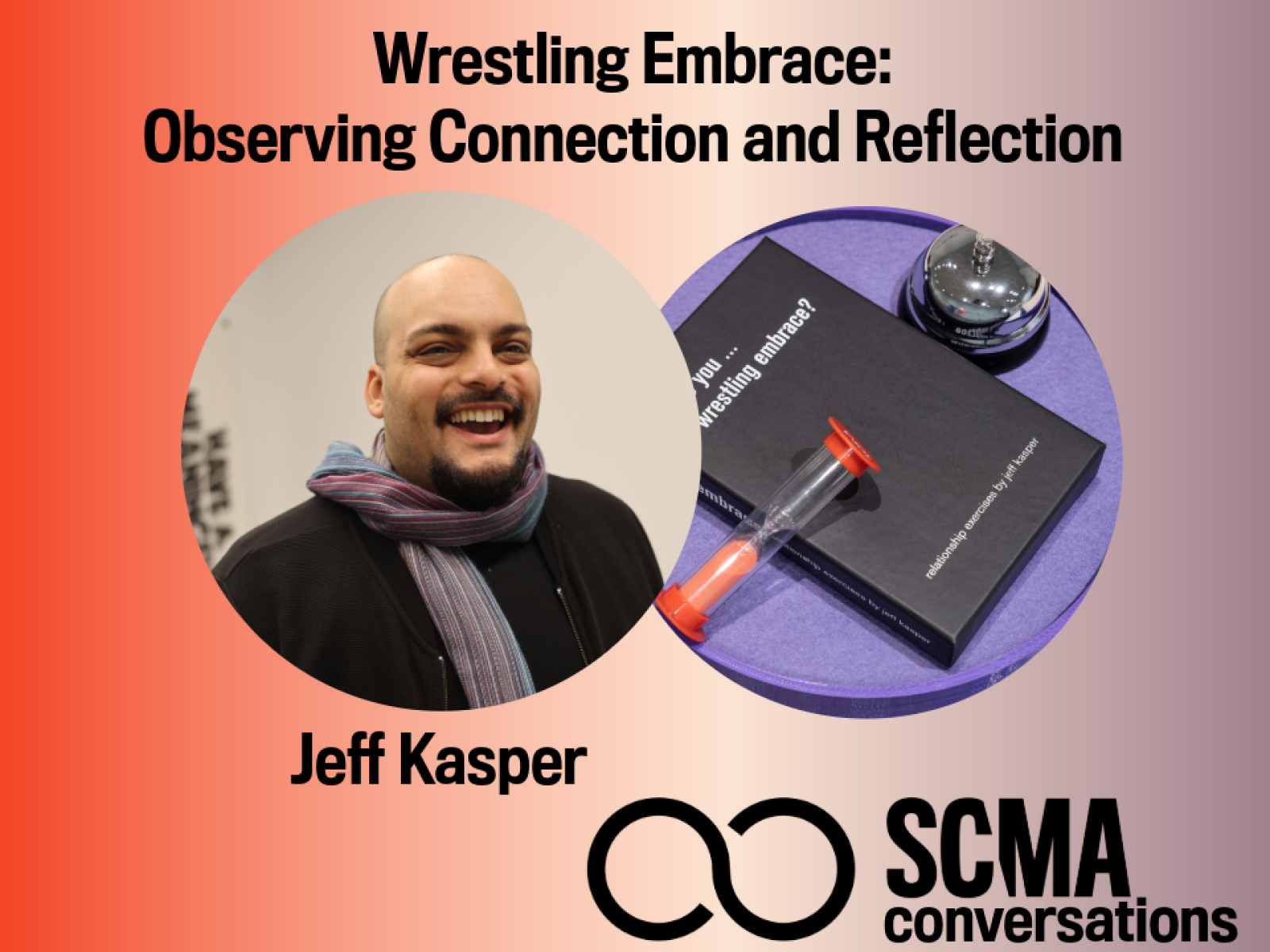 Image reads: Wrestling Embrace:  Observing Connection and Reflection, Jeff Kasper, SCMA Conversations with picture of person in circle
