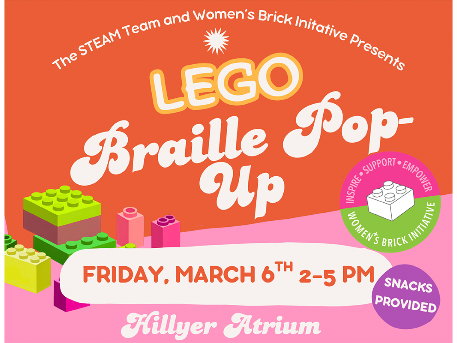 Graphic that reads Braille pop-up, Friday, March 6, 2–5pm, Hillyer Atrium