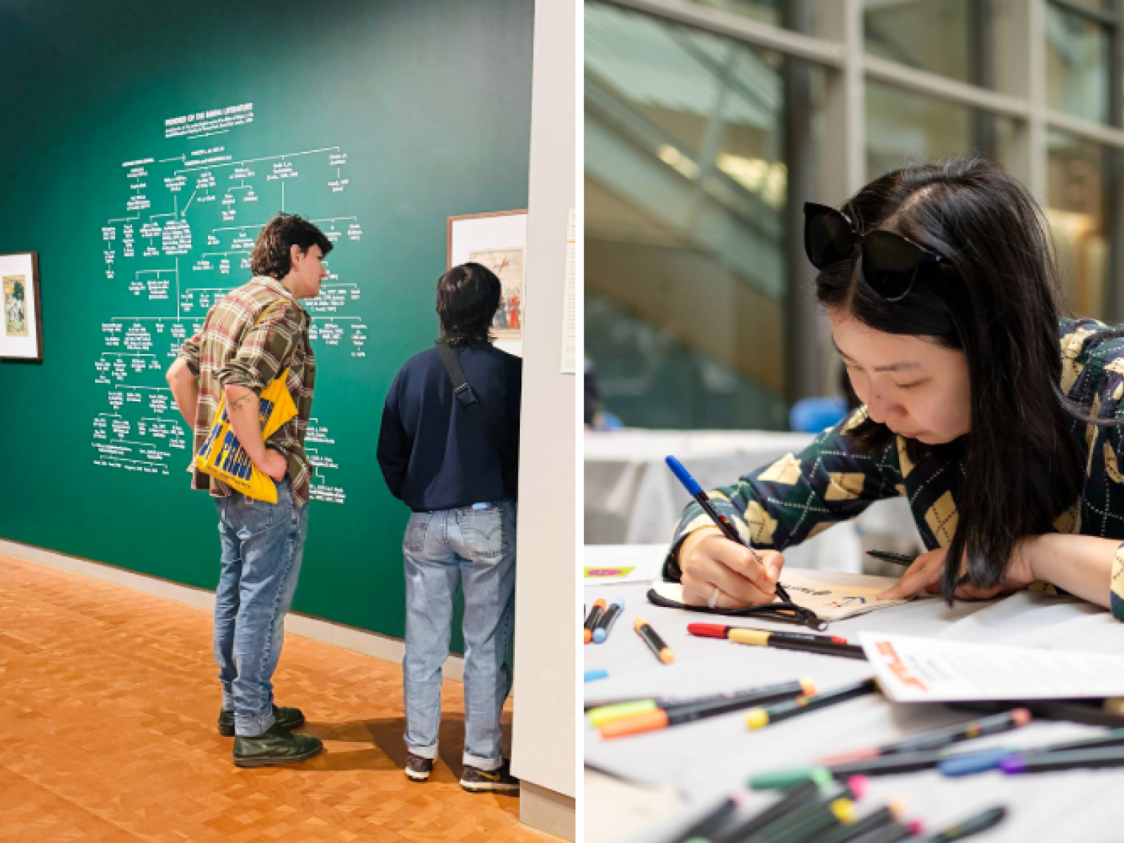 Two People looking at an exhibit in a gallery. Another photo of a person drawing at a table. 