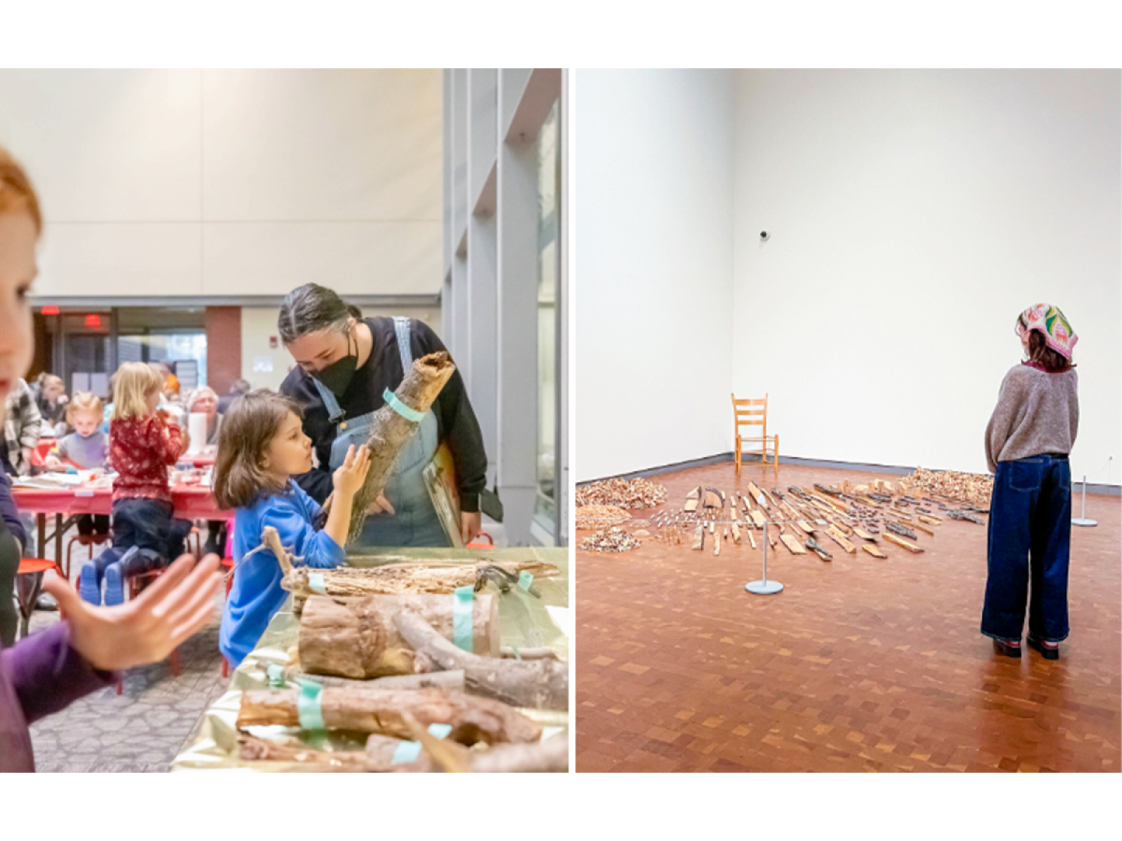 Two photos: On the left, kids eye view of people of all ages working at tables looking at natural objects. On right is one person in a gallery with wood-like pieces displayed on a gallery floor