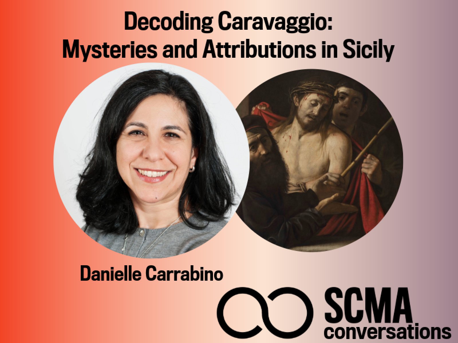 Two circles one with a portrait of a woman and the other with a Renaissance painting by Caravaggio. 