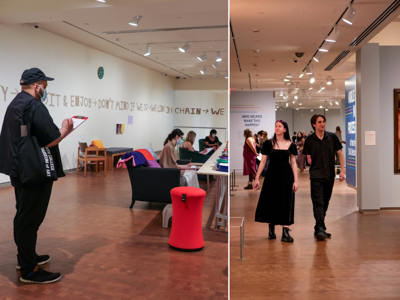 Two photos. On left a man in black wearing a hat with clipboard looking at converyor belt with three people seating around it. On right, two people in foreground walking together in a gallery with 8 people in background looking at art