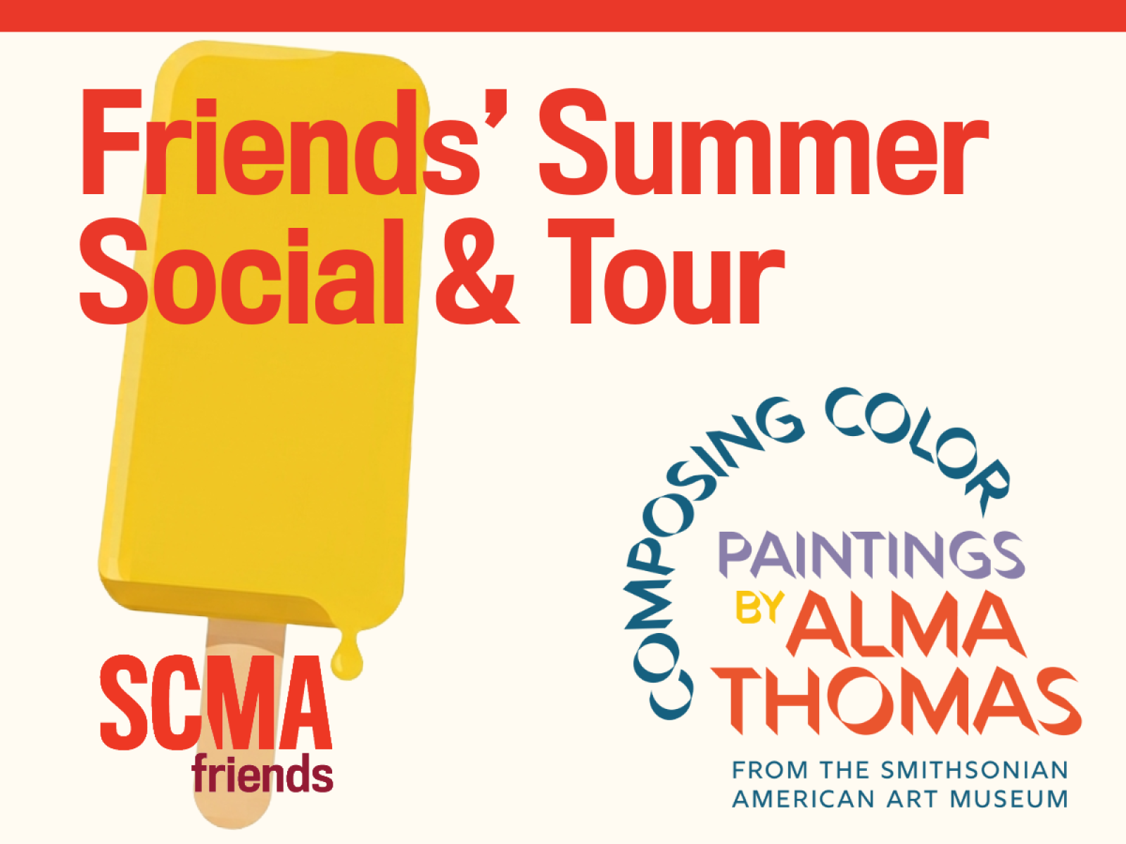 Graphic text that reads: Friends Summer Social and Tour with Composing Colors logo and SCMA Friends logo