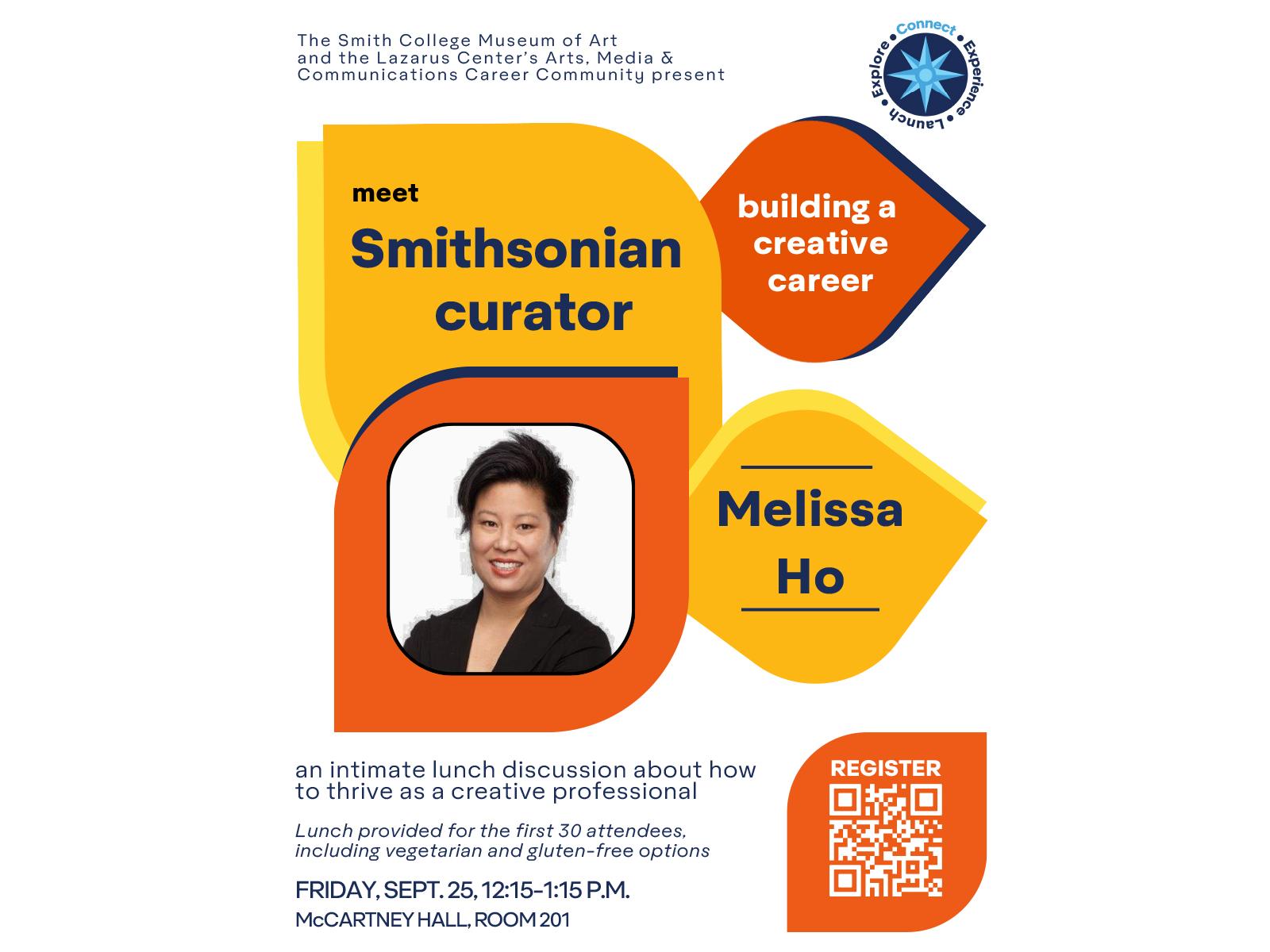 Flyer with a portrait present meet Smithsonian curator building a creative career