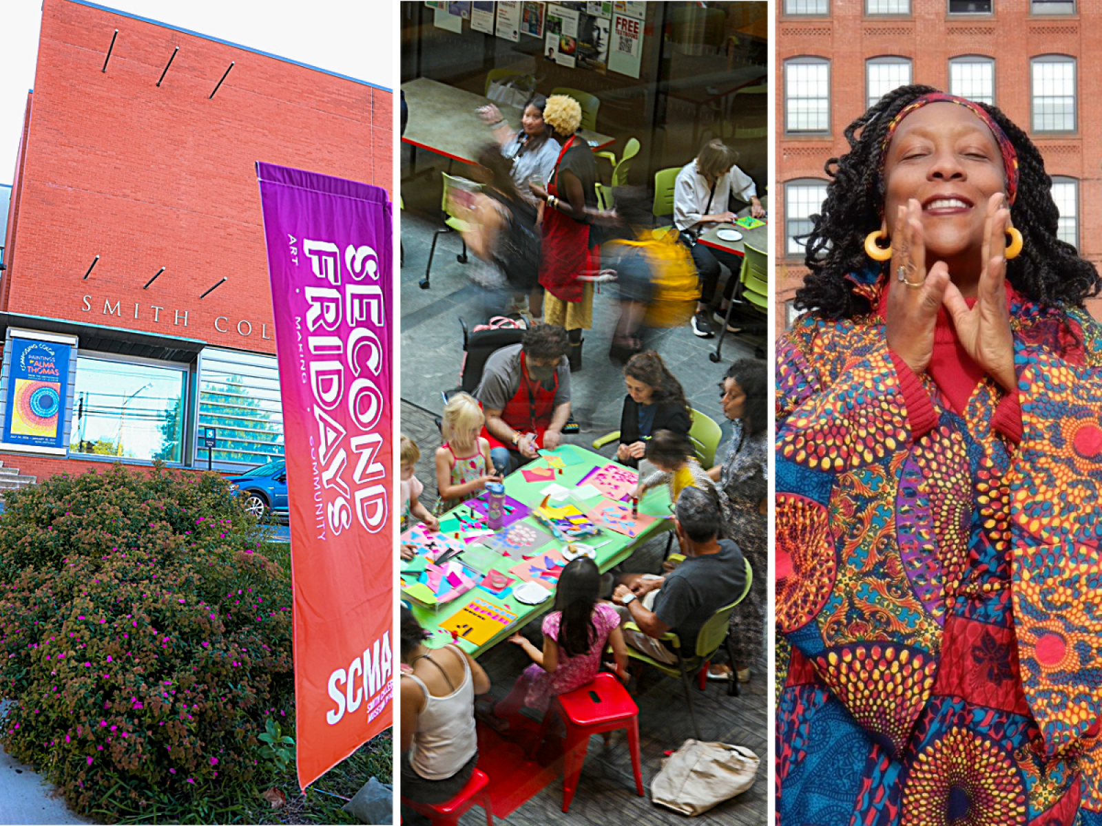 Three images in a row, on left is a brick building behind a vertical outdoor banner that reads Second Friday, Middle of a group of people making art at tables from bird's eye view and on the right a smiling person with dark hair in a brightly patterned robe with hands close together in front of their face