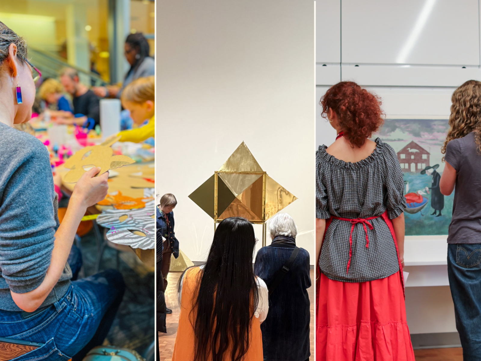 Three images: Left image of person making art at a table, second of a metal sculpture in a gallery with three people ooking at it and the right photo of two people looking at art on a white wall