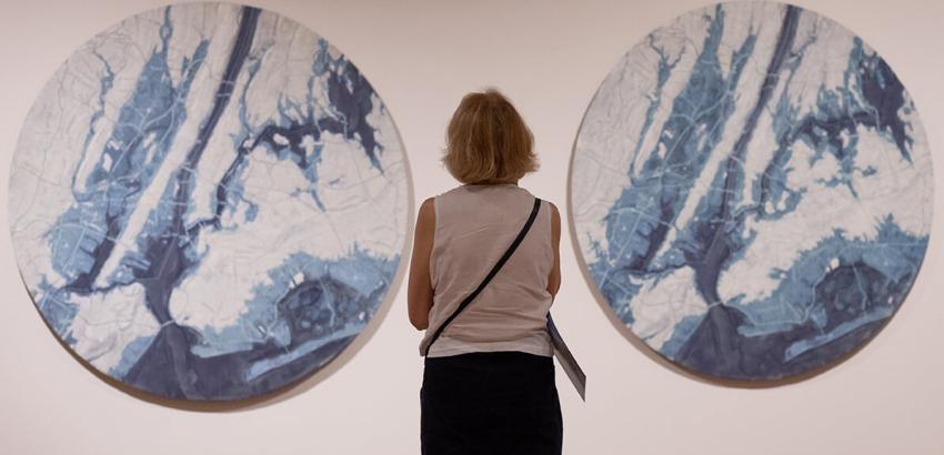 Back of a woman looking at two large circular flat blue and white artworks on the wall